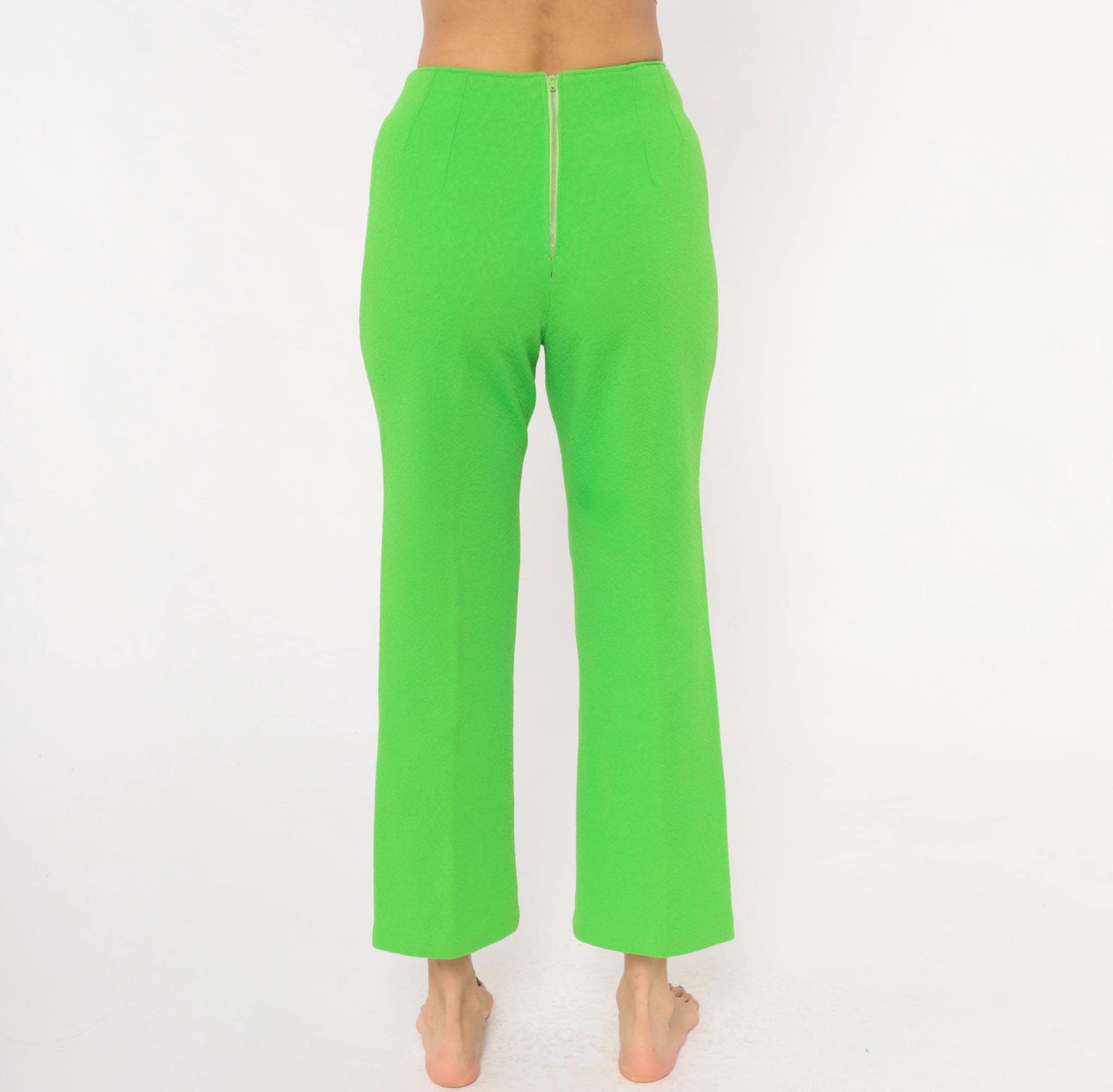 70s Lime Green High-Waist Wide Leg Flare Pants Ankle Length Small S
