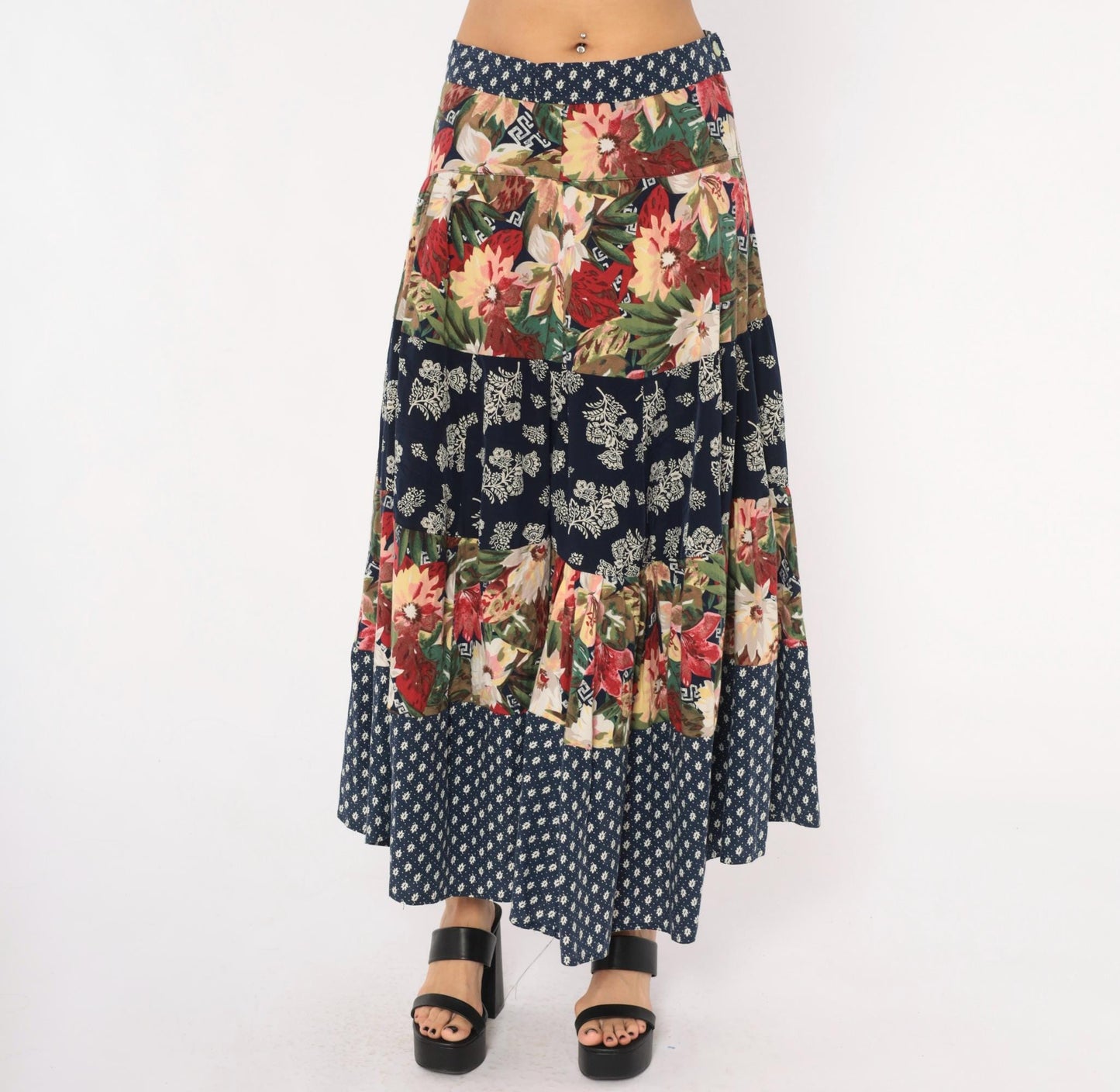 80s Patchwork Tiered Midi Skirt Floral Navy Cotton Medium M
