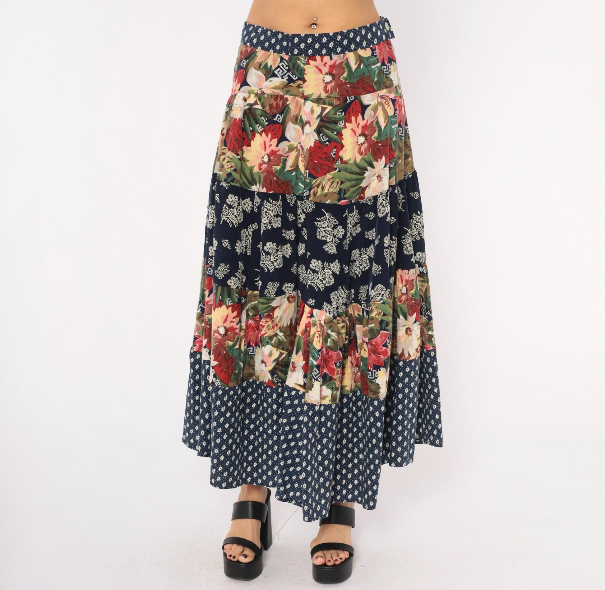 80s Patchwork Tiered Midi Skirt Floral Navy Cotton Medium M