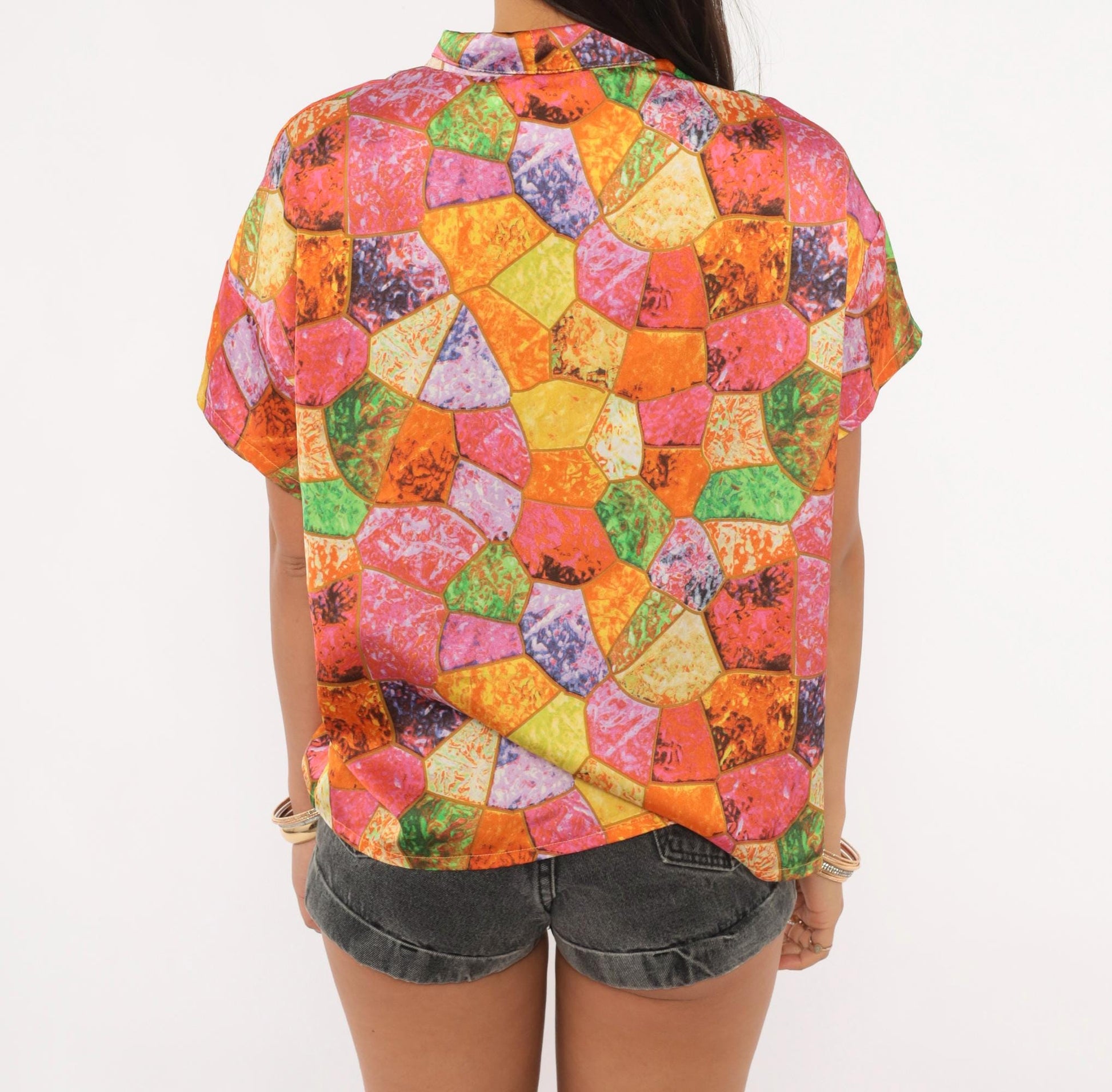2000s Mosaic Stained Glass Camp Collar Shirt Geometric Blouse Large L