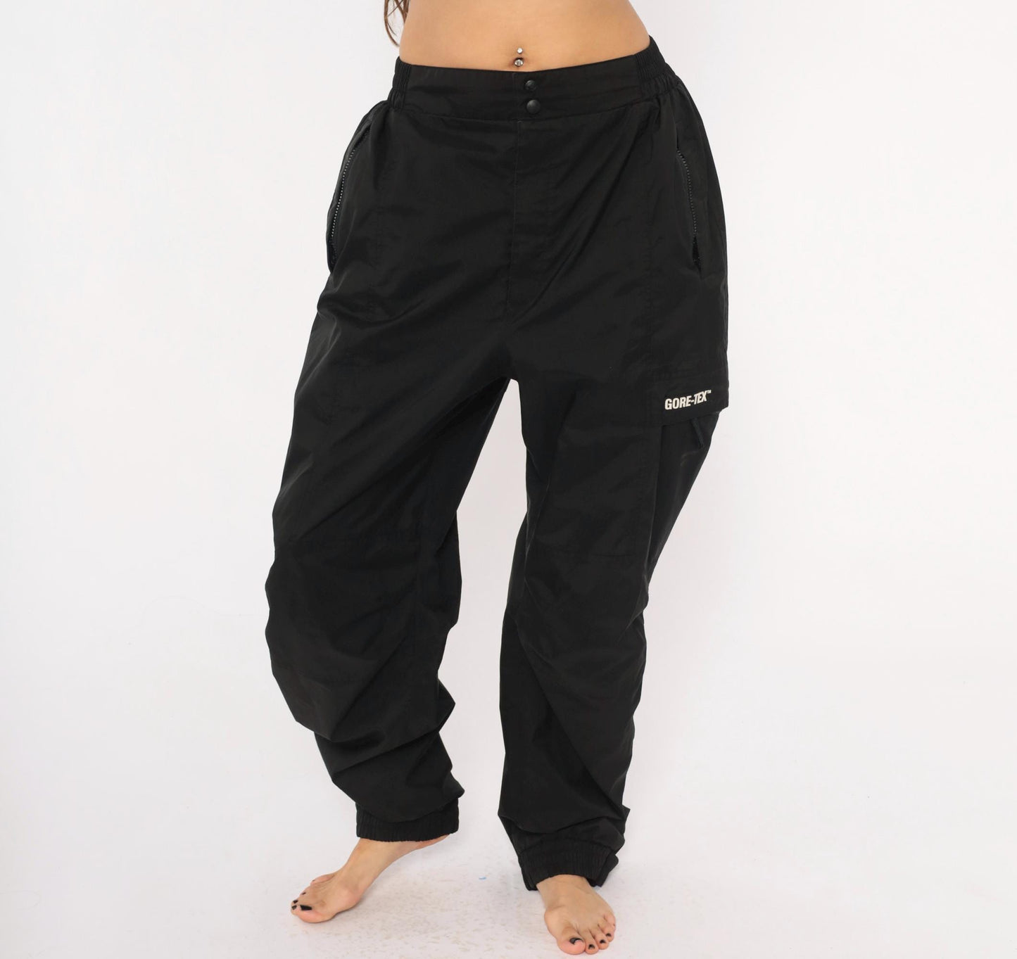 2000s Gore-Tex Black Nylon Shell Pants Cargo Pocket Snap Waist Large L