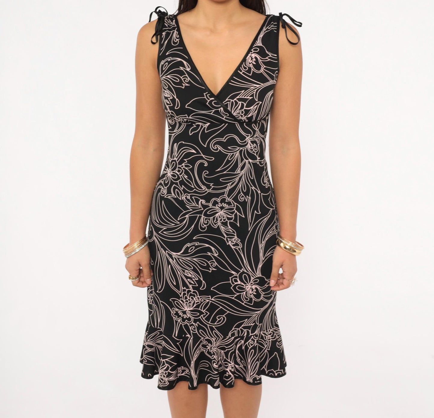 Y2K City Triangles Black Floral Wrap Dress Pink Line Drawing Knee Length Small