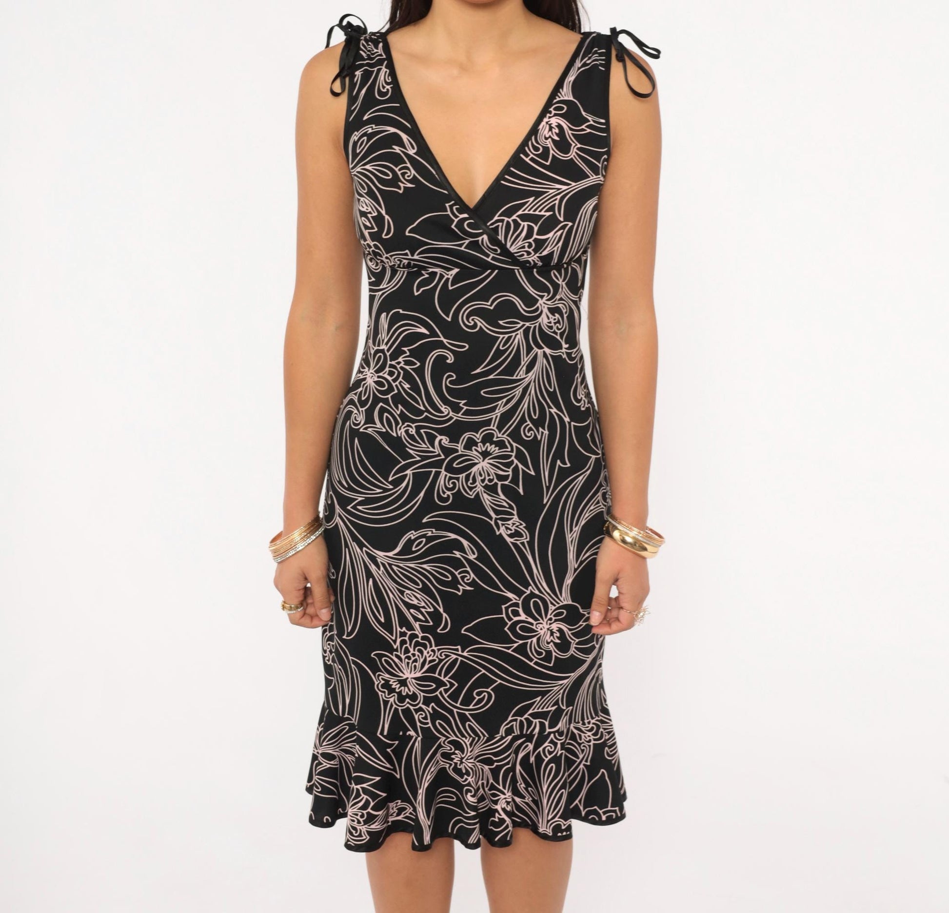 Y2K City Triangles Black Floral Wrap Dress Pink Line Drawing Knee Length Small