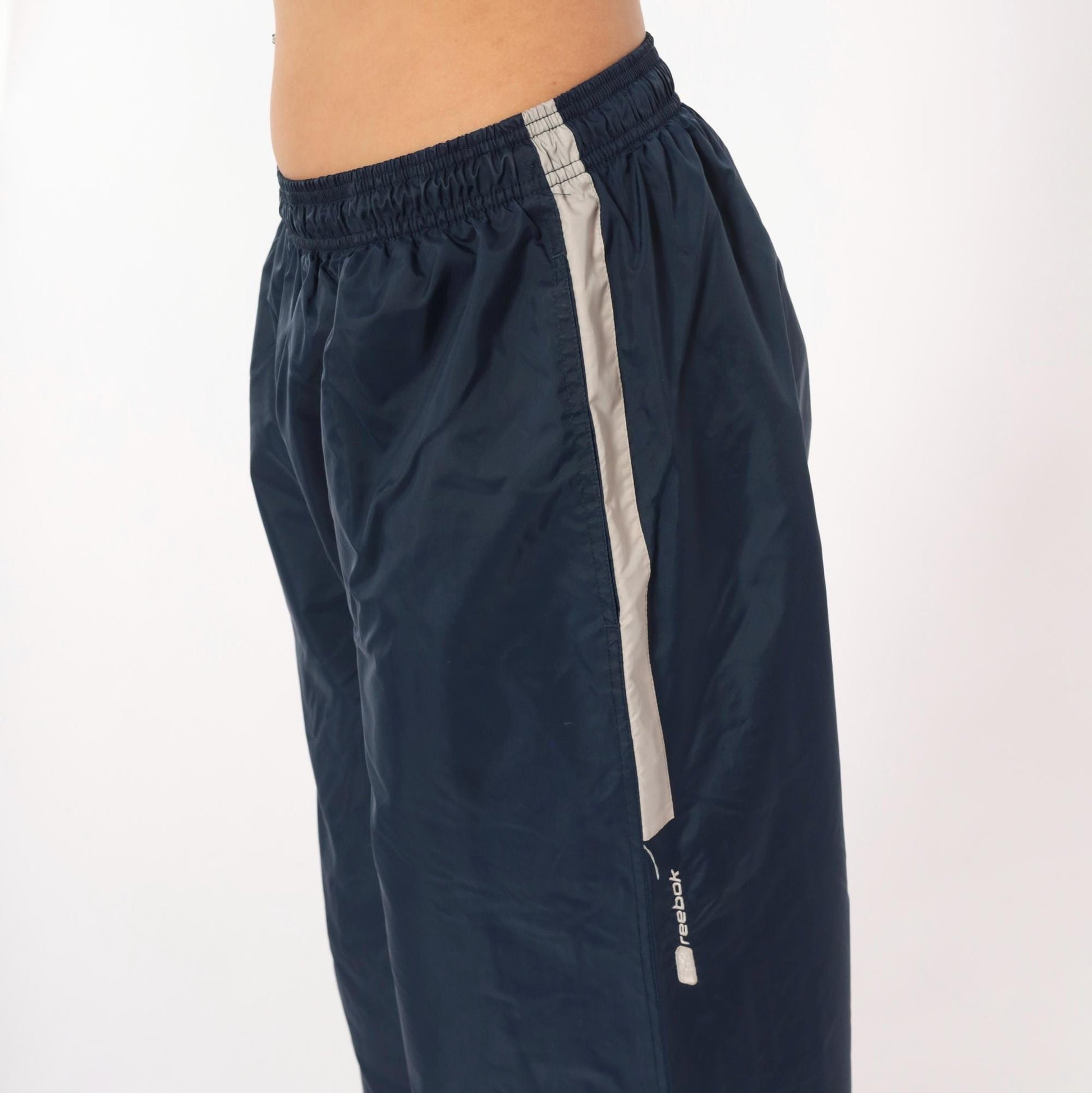 90s Reebok Navy Track Pants Nylon Elastic Waist Straight Leg Large L