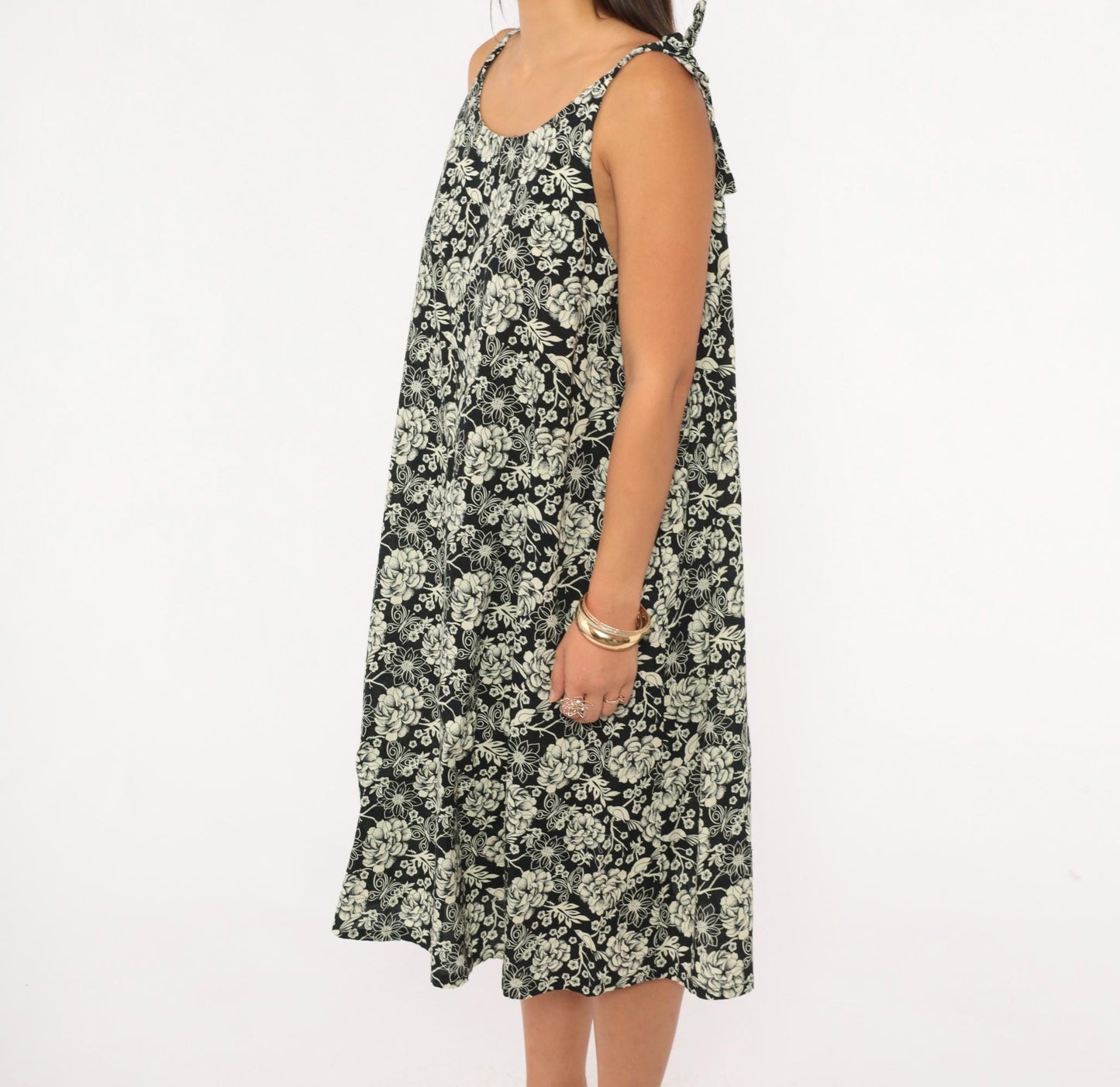 80s Floral Bird Print Sundress Black Cream Tie Shoulder A-Line Knee Length Medium M