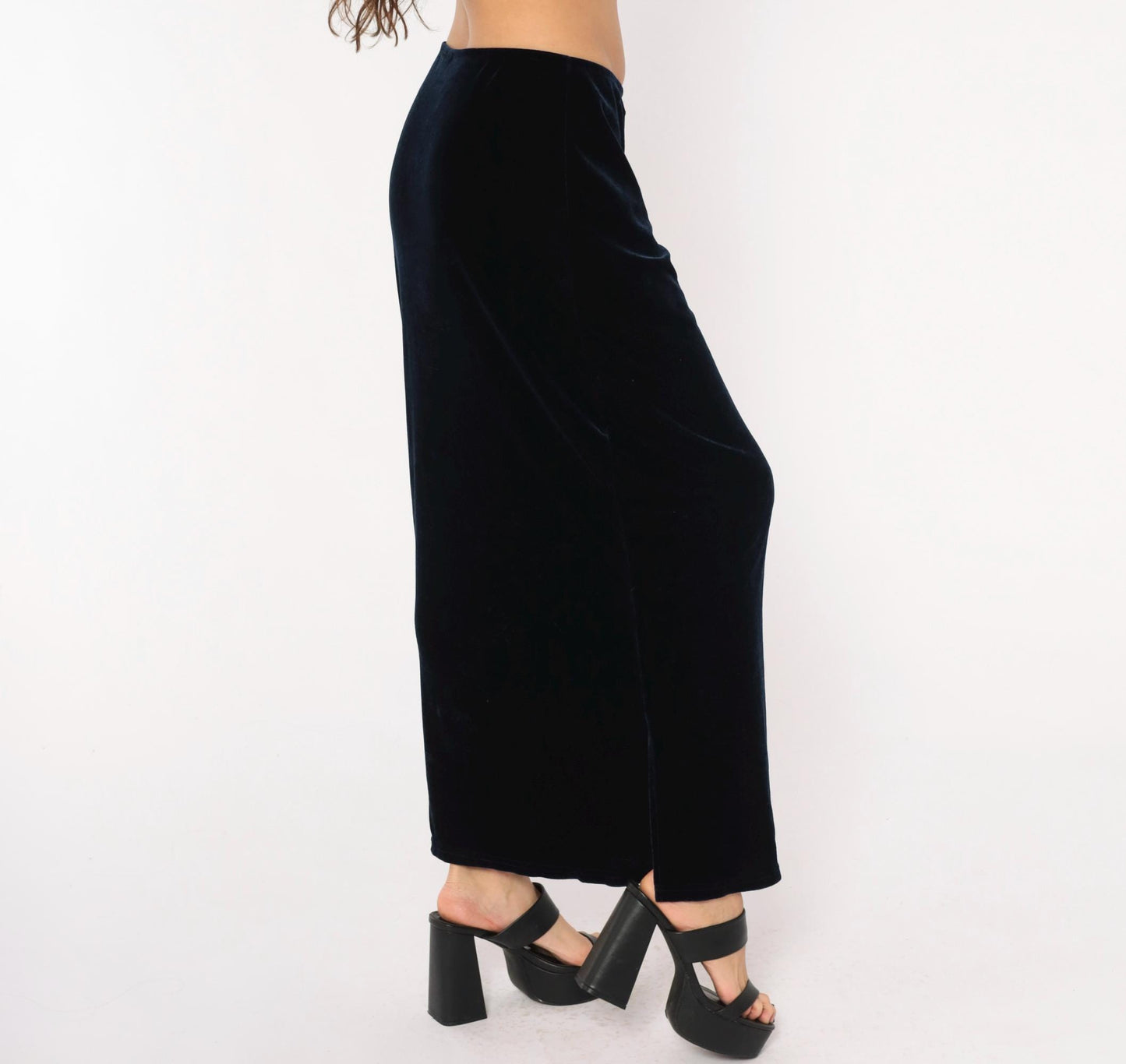90s Navy Velvet Maxi Skirt Straight Column Ankle Length Medium Large