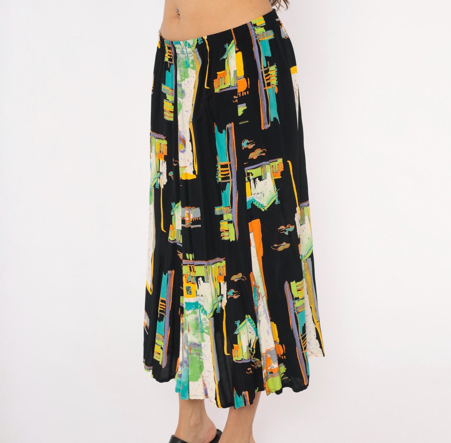 90s Sharon Anthony Maxi Skirt Cityscape Print Black Teal Orange Extra Large