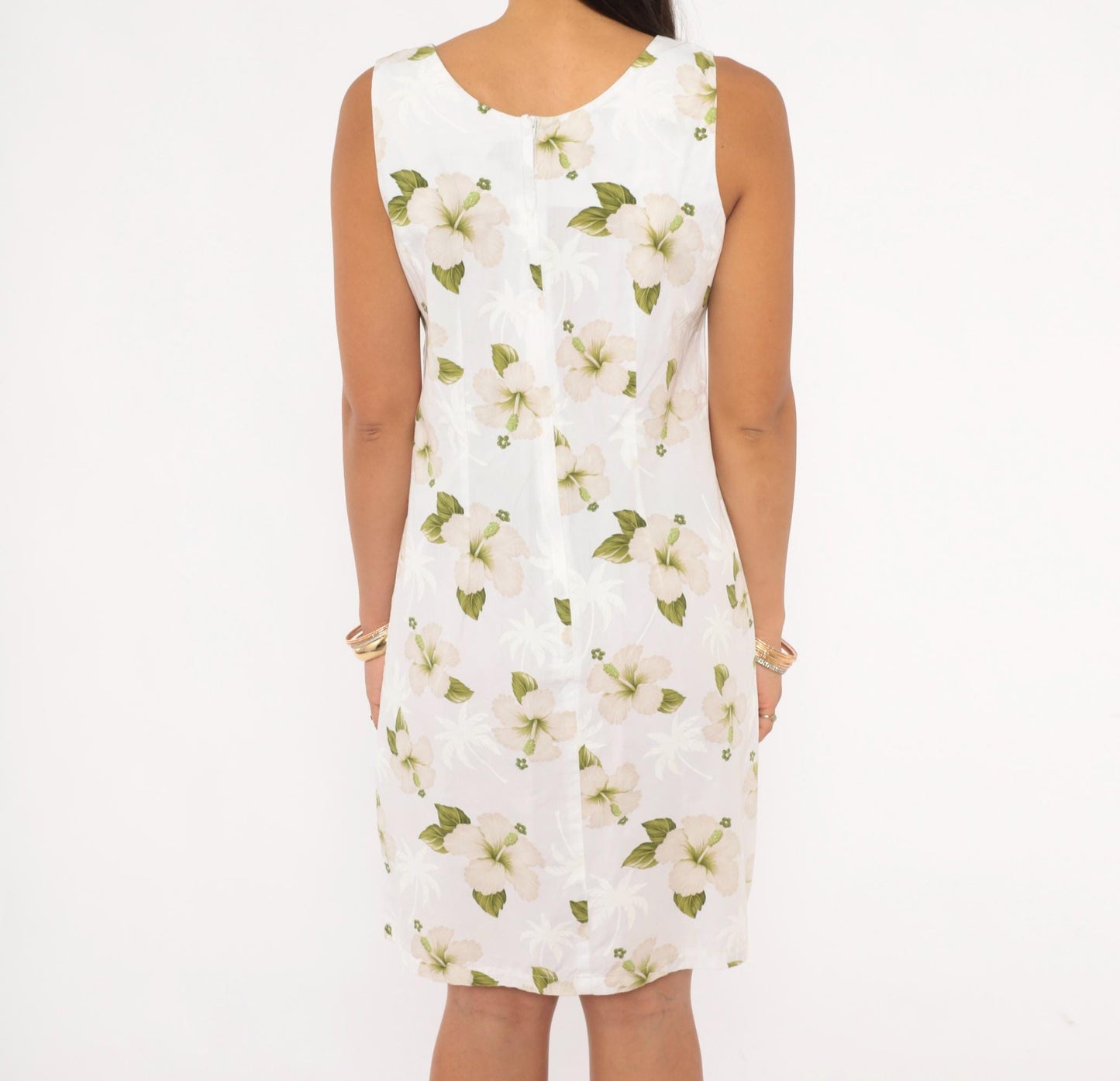 90s Pacific Legend Hawaiian Hibiscus Sundress White Cotton Knee-Length Small