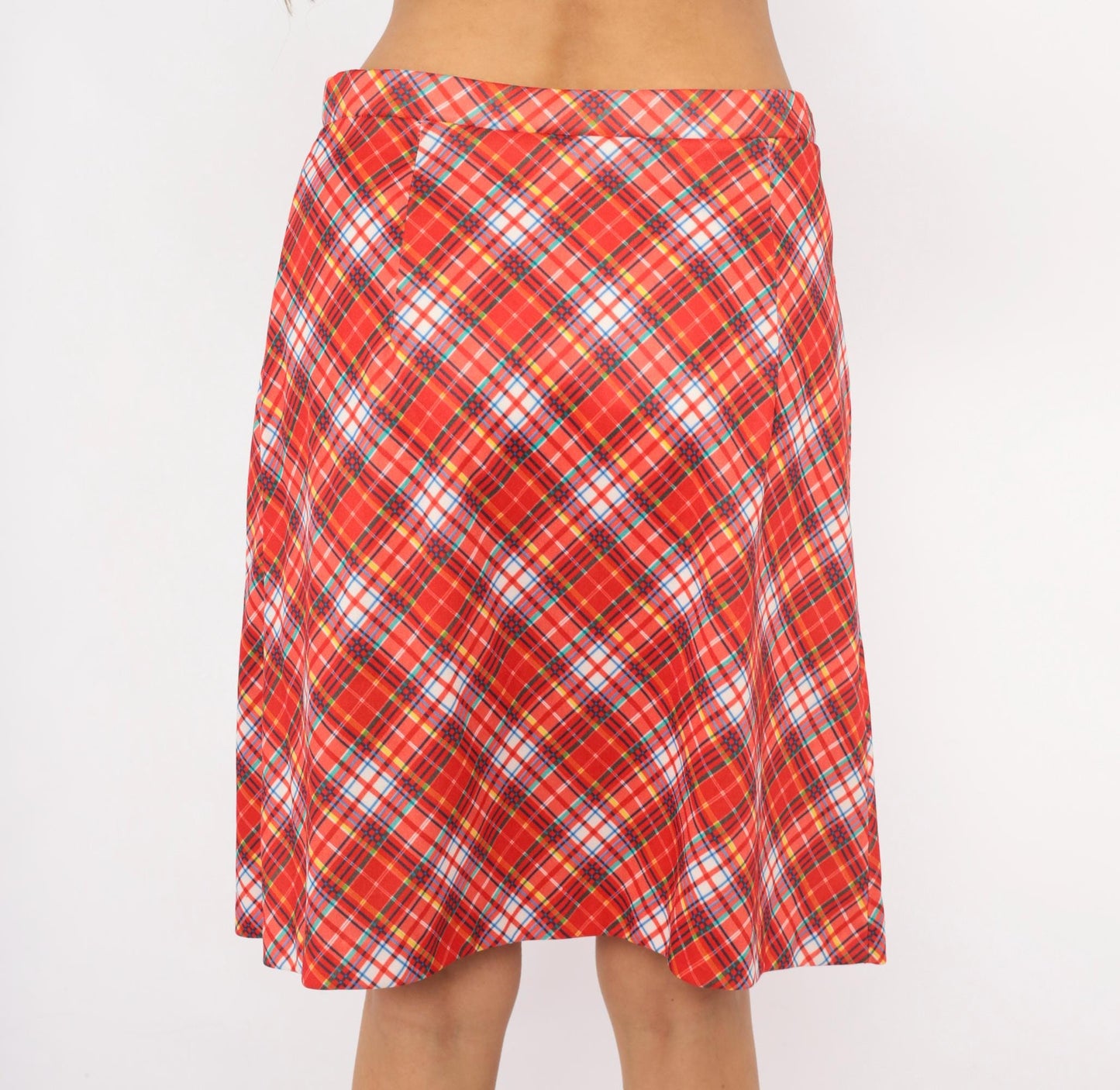 70s Red Tartan Plaid Skort A-Line Knee Length Built-In Shorts Medium Large