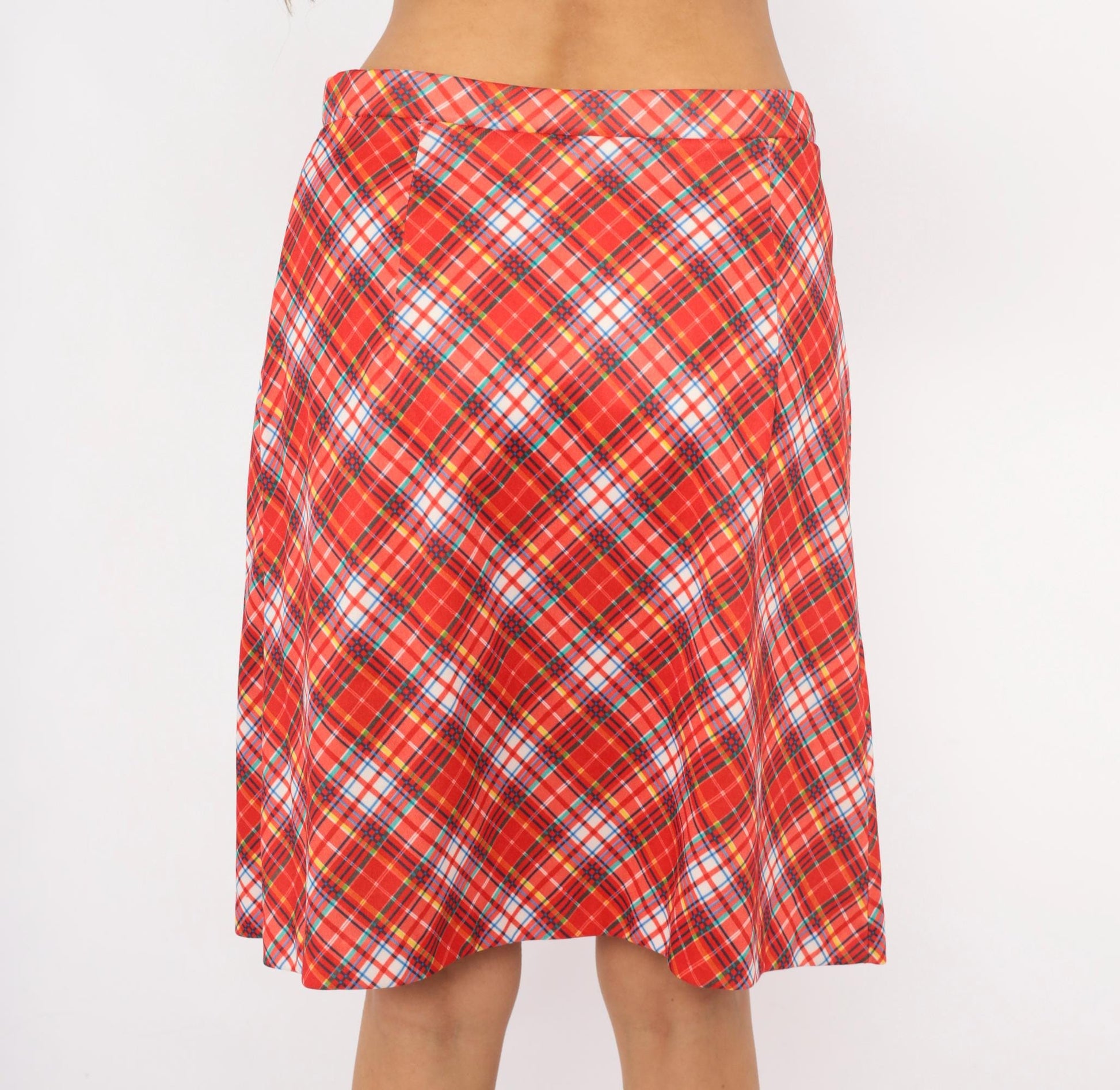 70s Red Tartan Plaid Skort A-Line Knee Length Built-In Shorts Medium Large