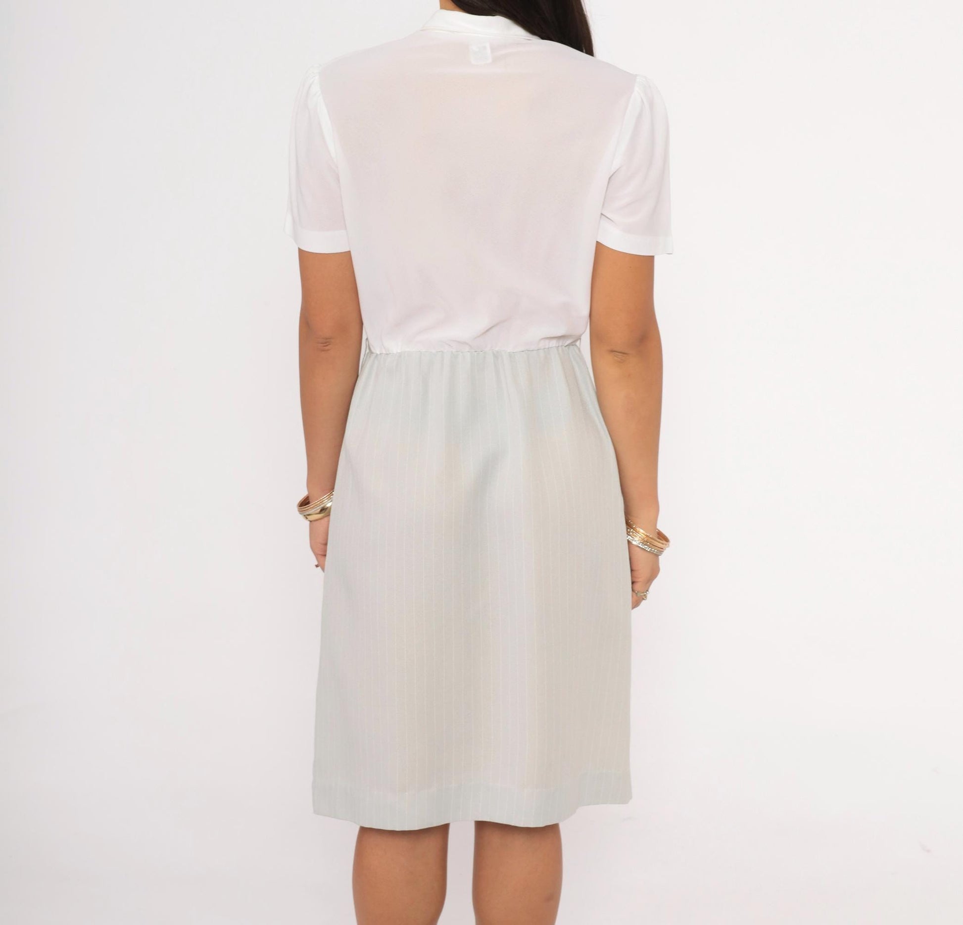 80s Two-Tone Shirtdress White Ruffle Pinstripe Grey Puff Sleeve Small Medium