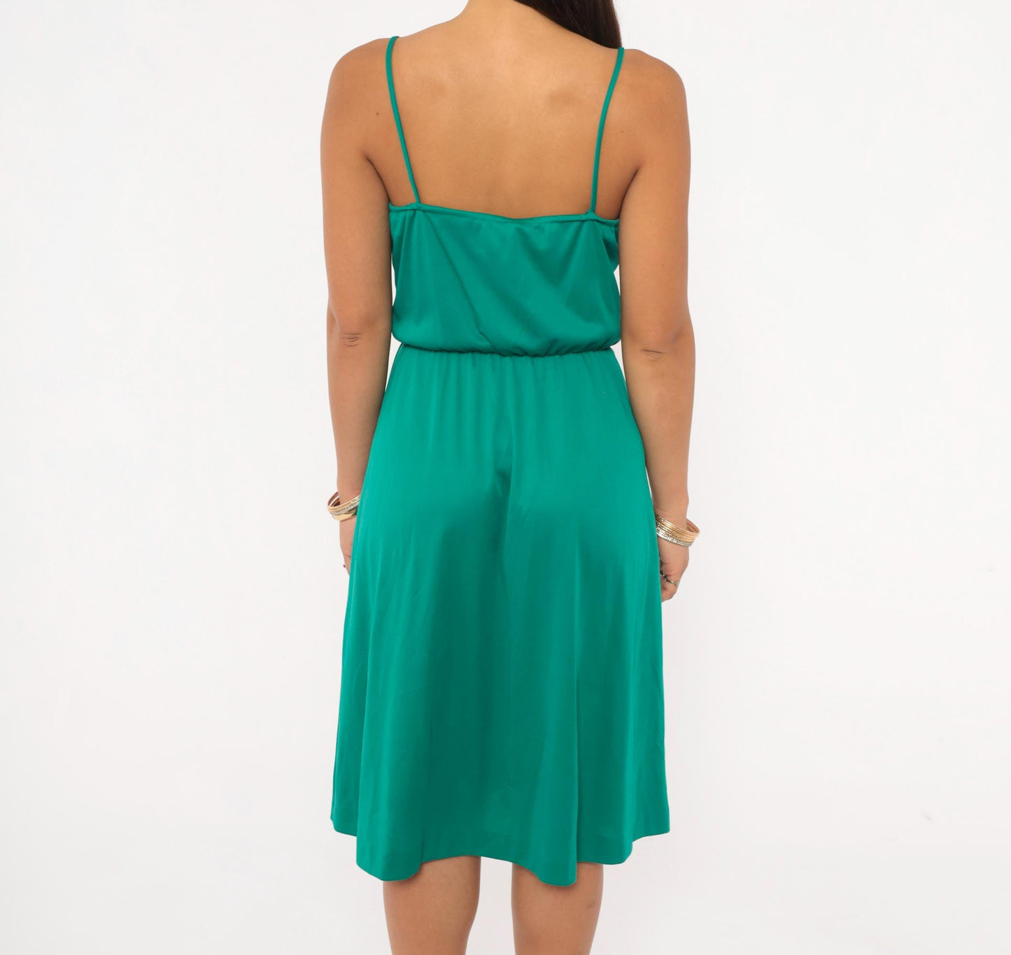 70s Teal Spaghetti Strap Sundress V Neck Gathered Waist Knee Length Extra Small