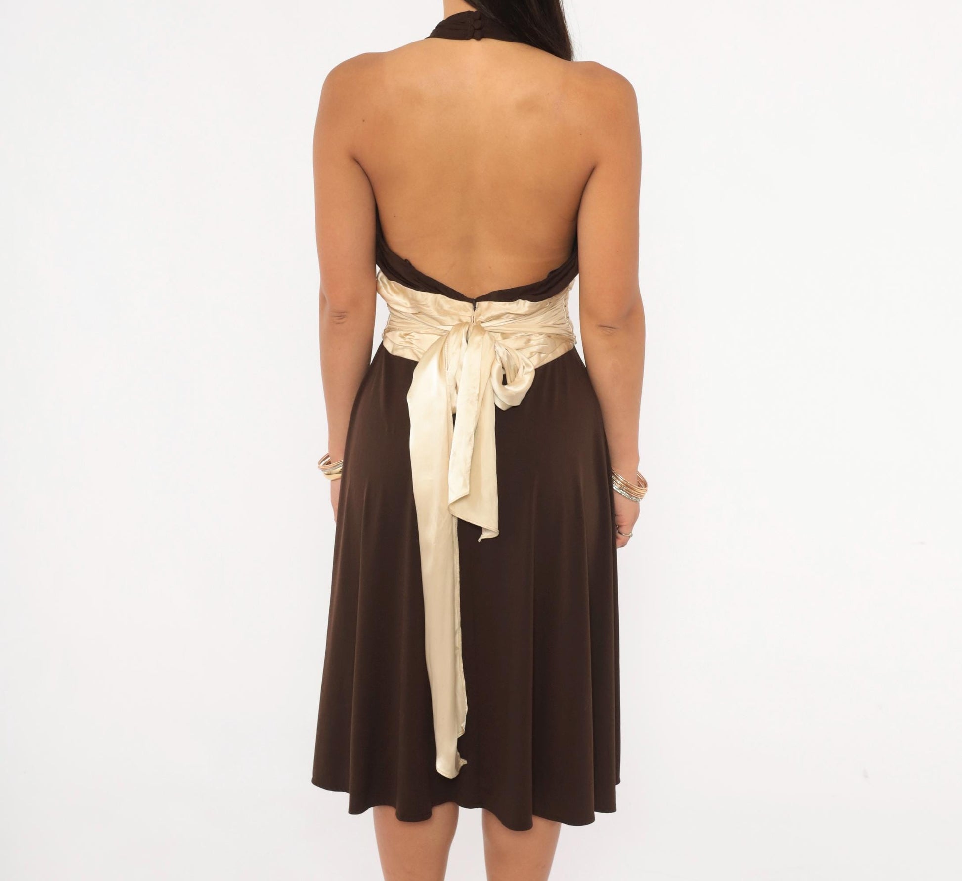 Maggy London Chocolate Halter Dress Silk Sash Deep V Open Back Knee Length Medium