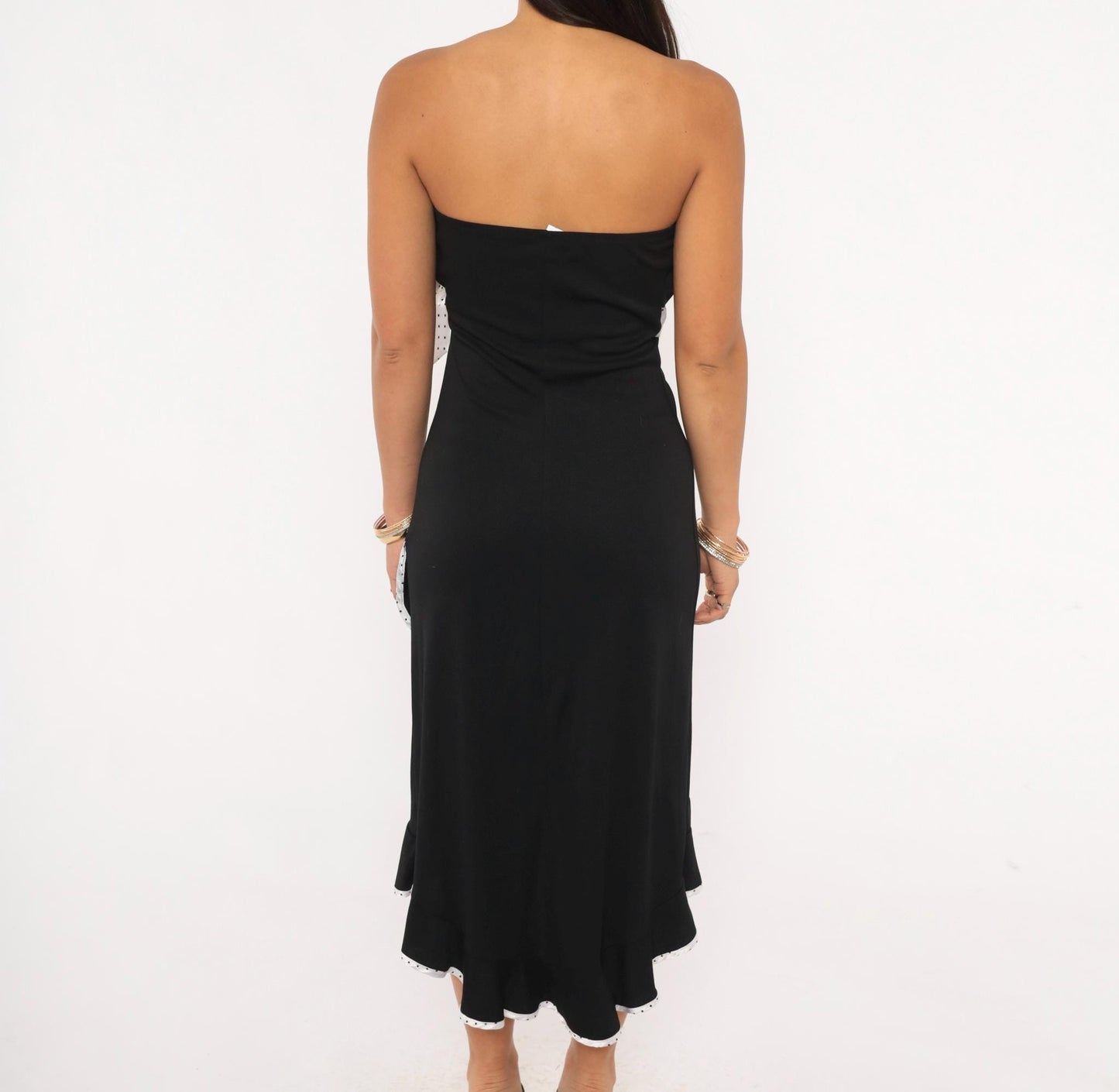 2000s Trixxi Black White Polka Dot Strapless Dress Ruffle Hem Medium M