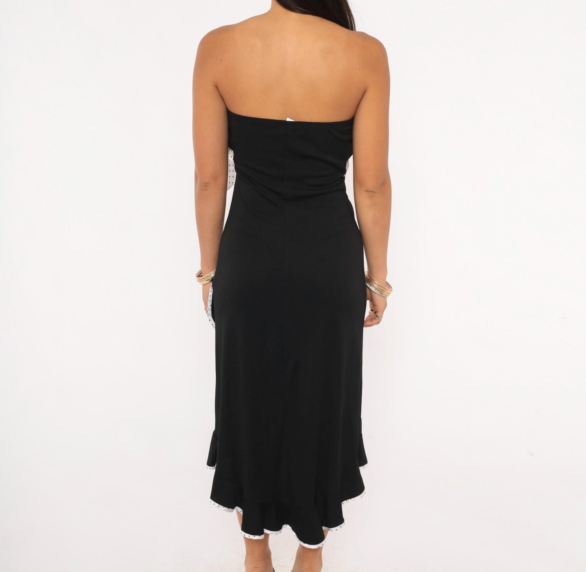 2000s Trixxi Black White Polka Dot Strapless Dress Ruffle Hem Medium M