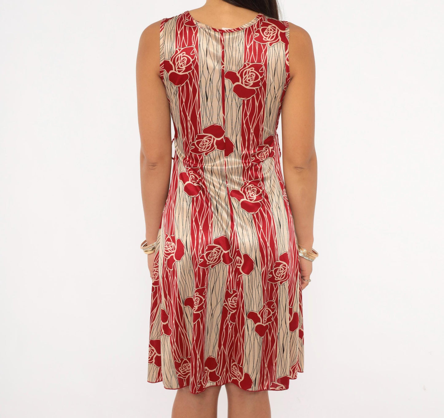 90s YS USA Rose Floral Dress Red Cream V Neck A Line Knee Length Small