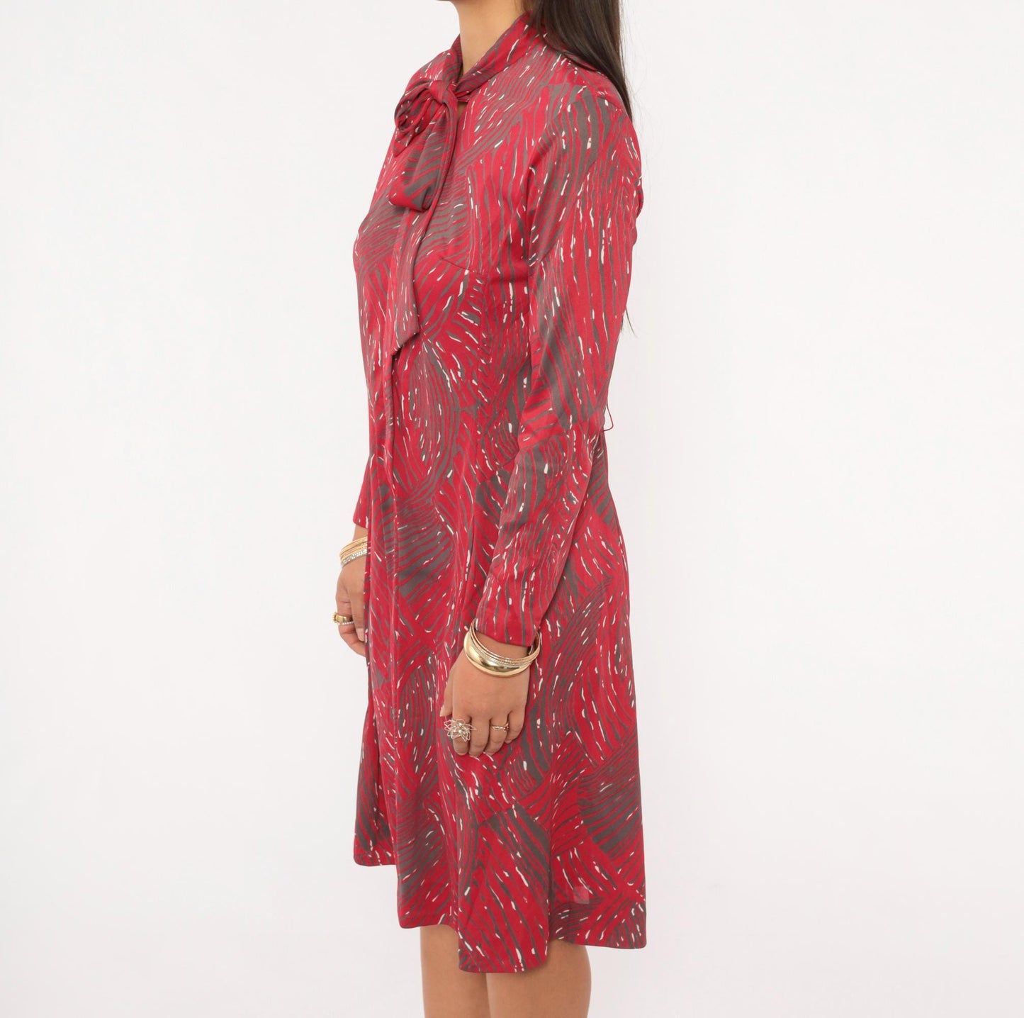 1960s Shelton Stroller Tie Bow Dress Red Grey Abstract Swirl Knee-Length Medium