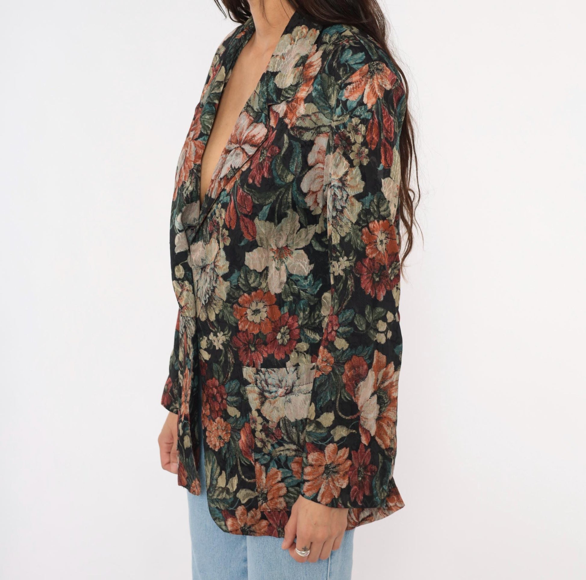 90s Laura Tyler Floral Blazer Black Botanical Jacquard Medium M