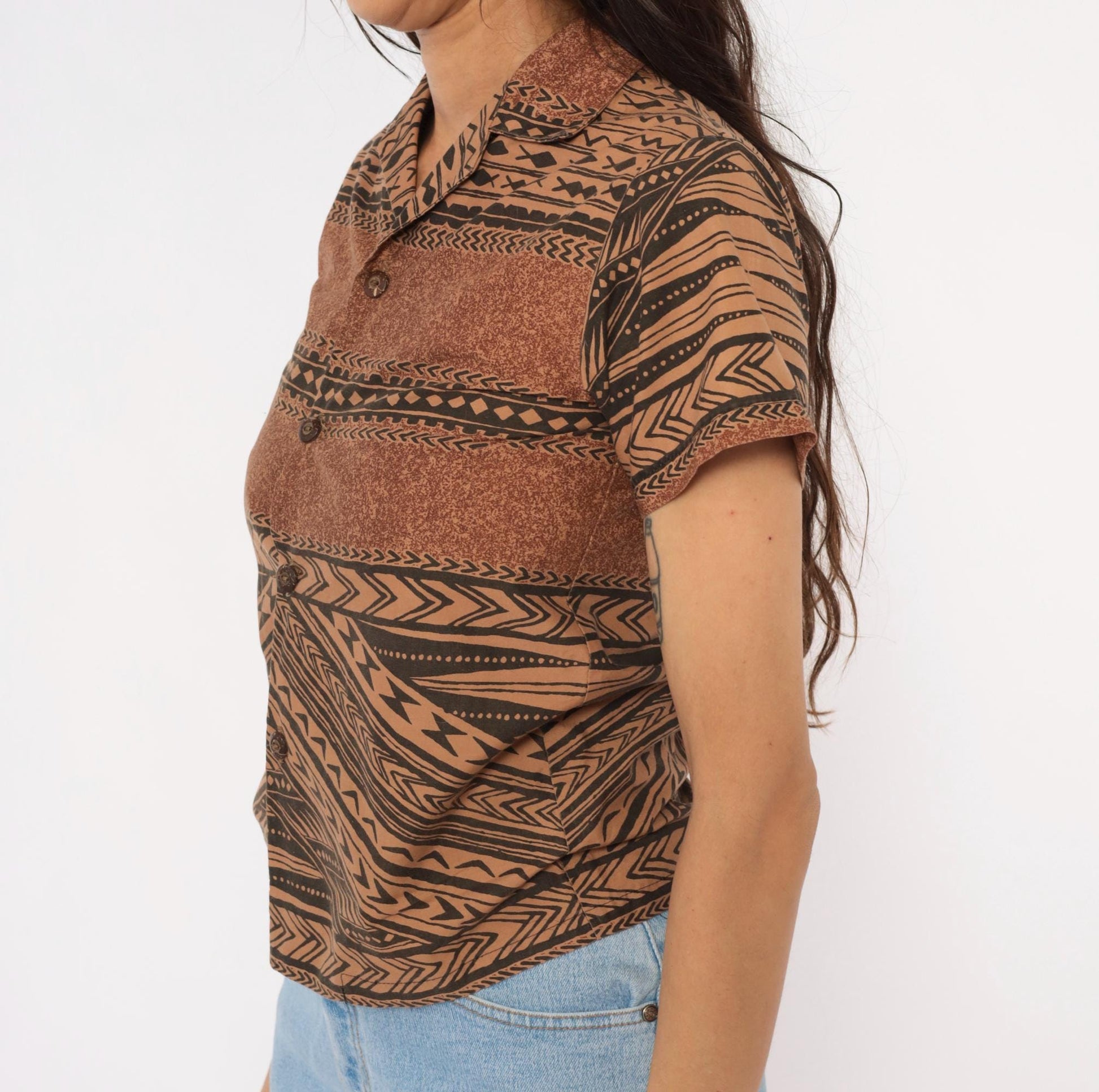 90s Tribal Print Button Camp Collar Shirt Brown Black Geometric XXS
