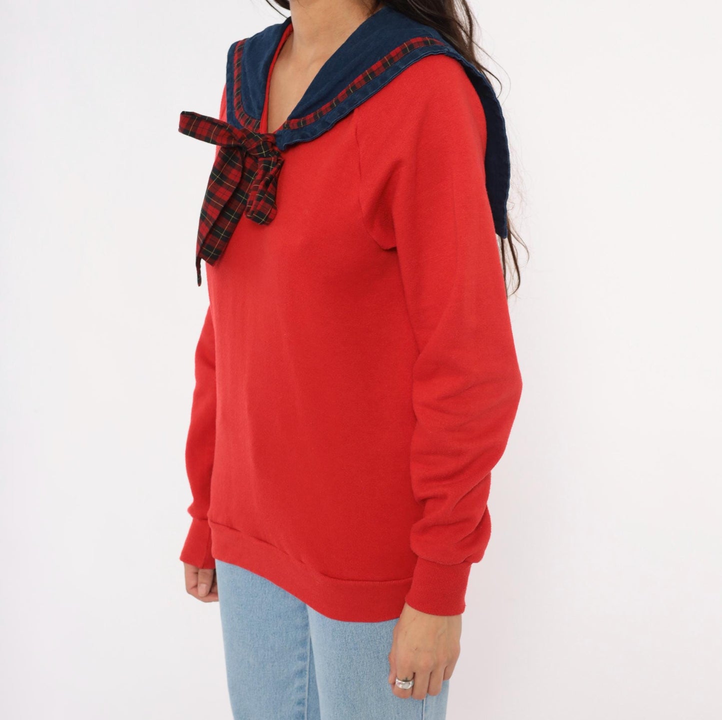 90s Jerzees Sailor Collar Sweatshirt Red Plaid Bow Denim Bib Medium M