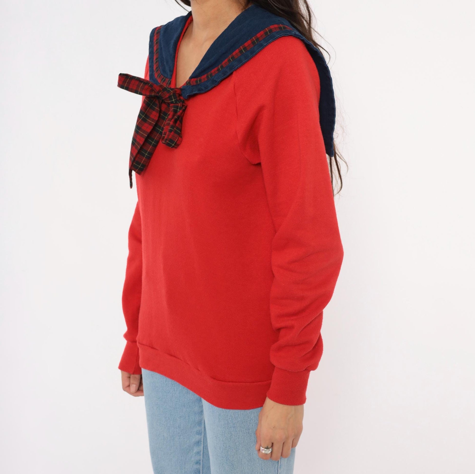 90s Jerzees Sailor Collar Sweatshirt Red Plaid Bow Denim Bib Medium M