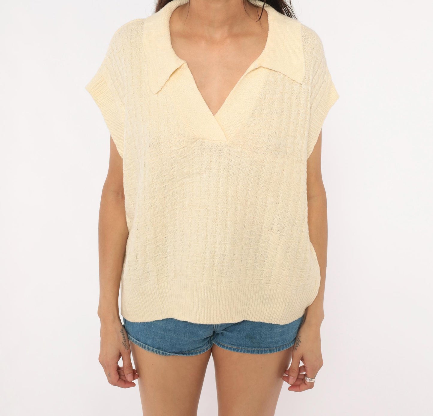 70s Cream Knit Polo Sweater Cap Sleeve V-Neck Collared Pullover Extra Large XL
