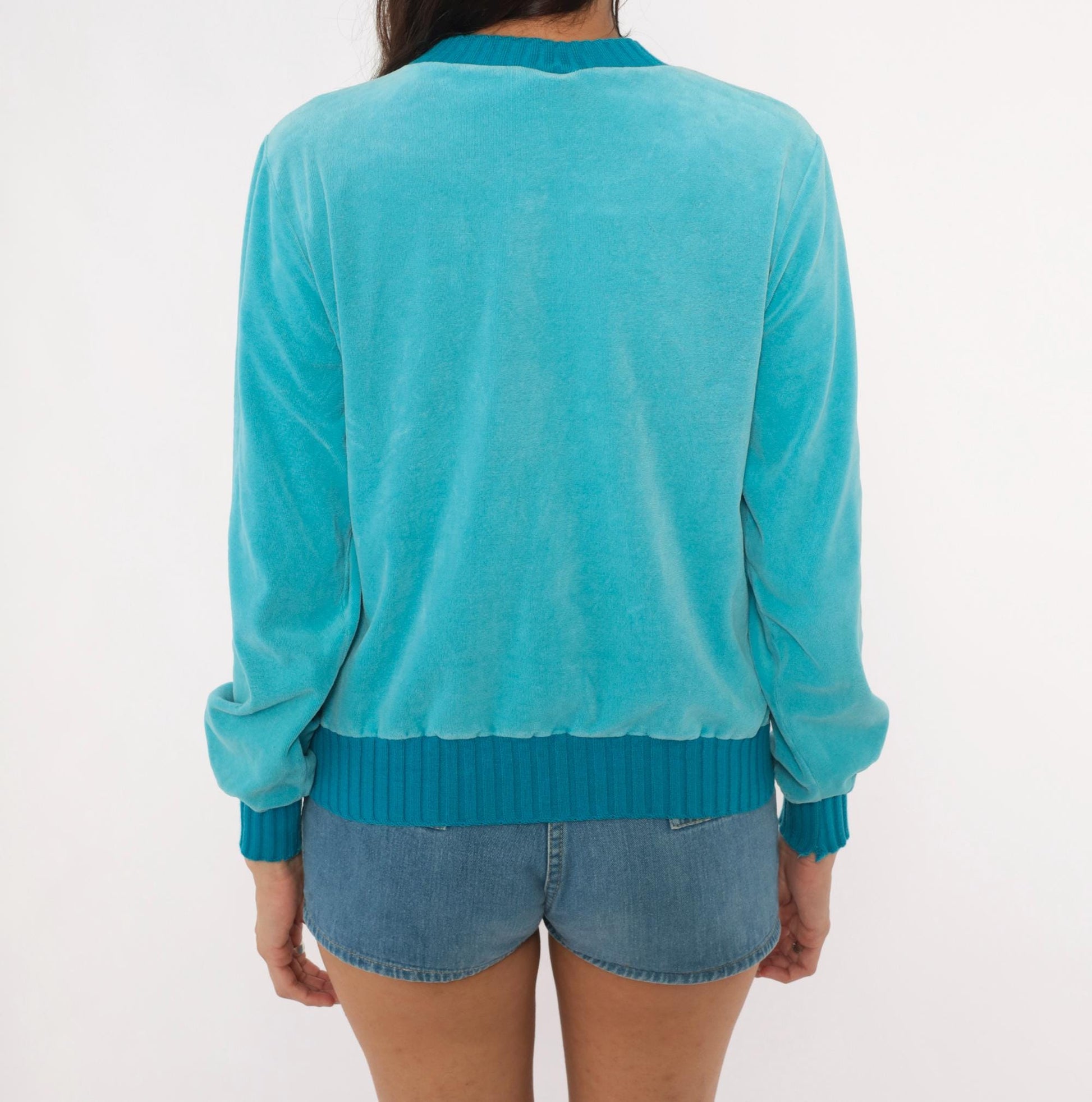 80s Sears Velour Crewneck Sweatshirt Teal Aqua Ribbed Trim Small