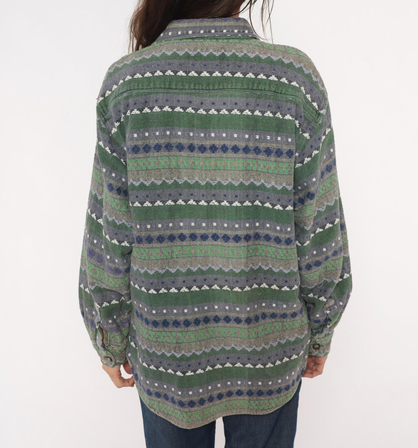 90s Point Zero Geometric Flannel Shirt Green Navy Jacquard Folk Pattern Medium