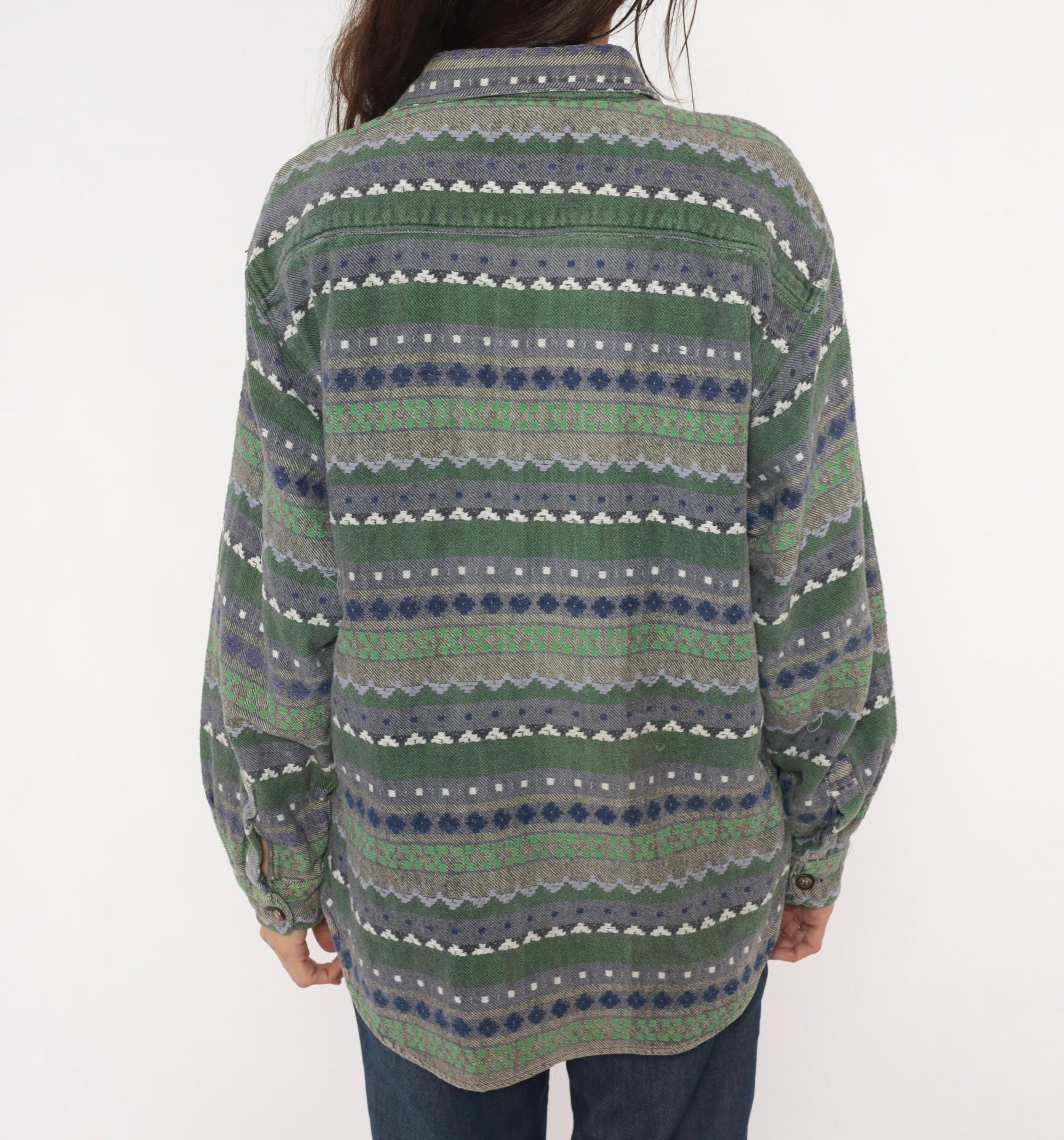 90s Point Zero Geometric Flannel Shirt Green Navy Jacquard Folk Pattern Medium