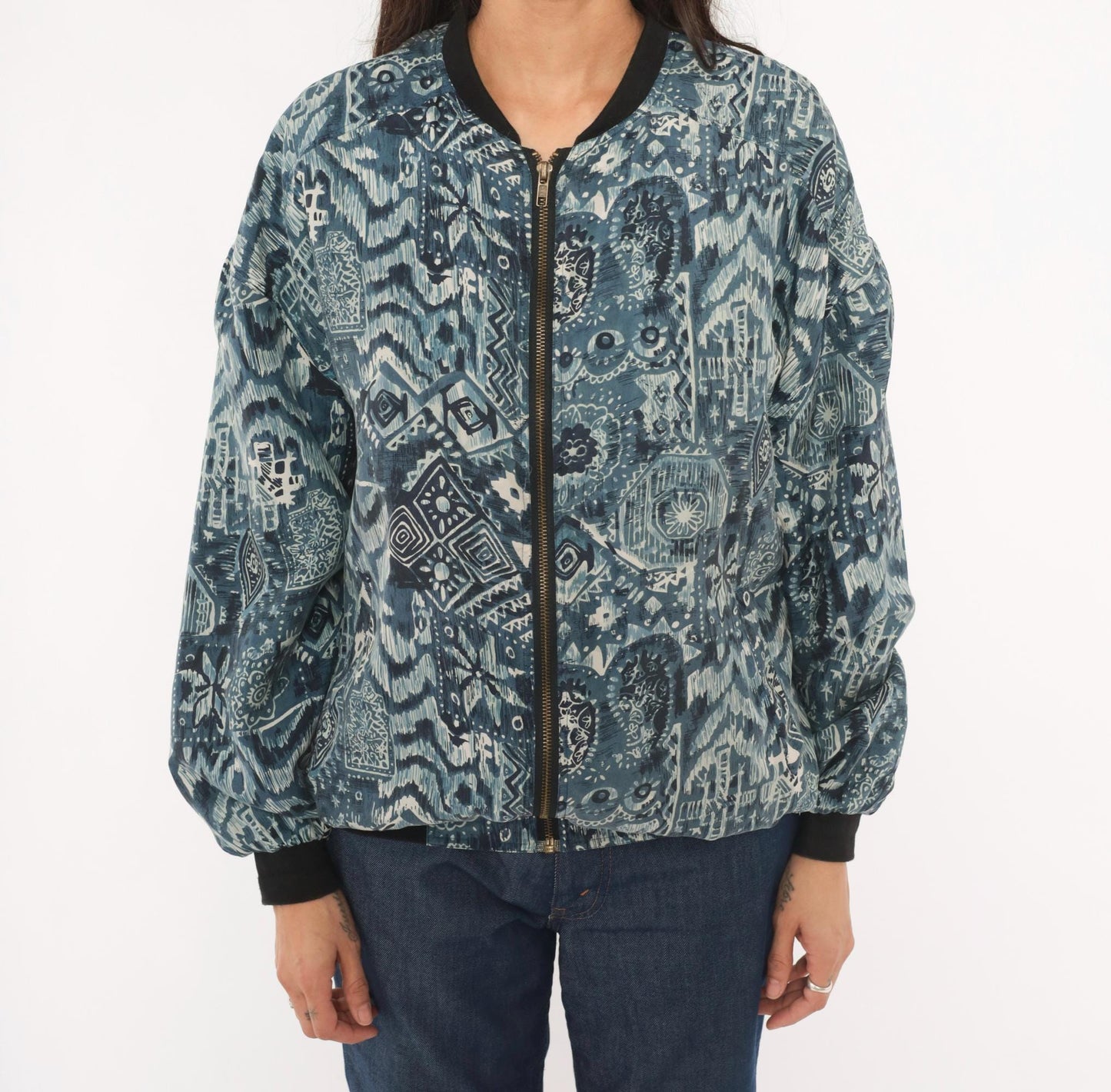 90s Silk Bomber Jacket Abstract Tribal Print Blue Grey Unisex Small