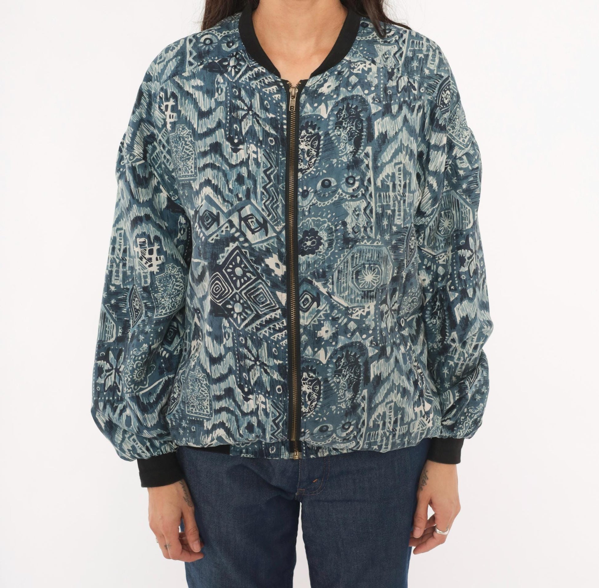 90s Silk Bomber Jacket Abstract Tribal Print Blue Grey Unisex Small
