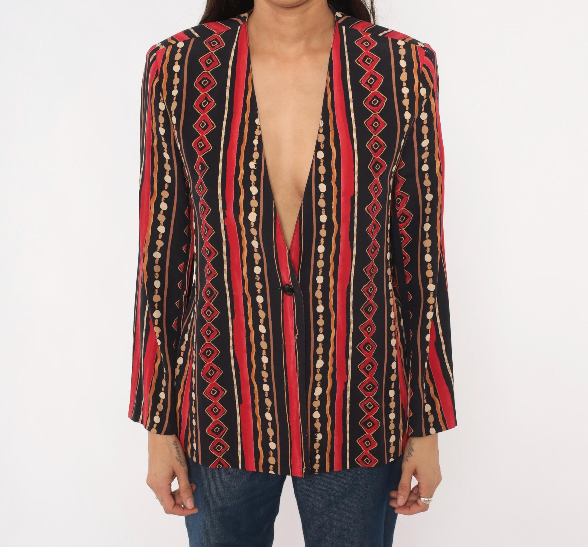 90s Southern Lady Tribal Stripe Blazer Collarless Geometric Black Small