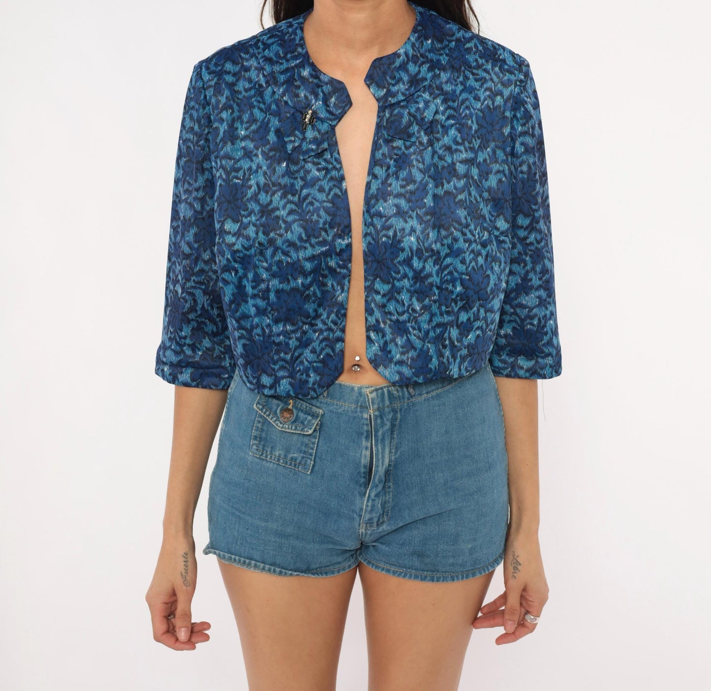 60s Cobalt Jacquard Bolero Jacket Floral Damask Three Quarter Sleeve Medium M
