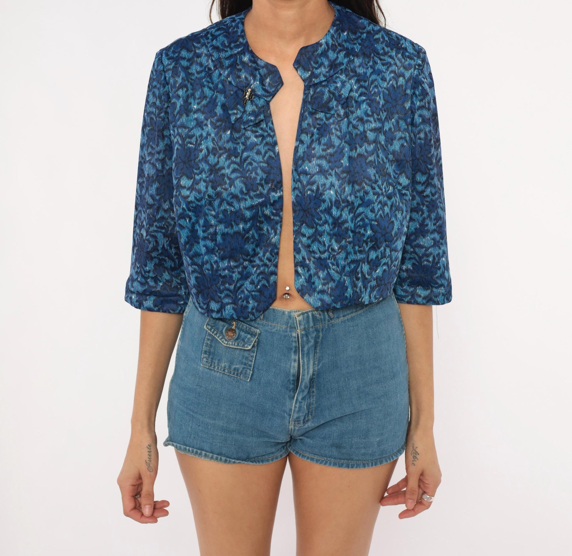 60s Cobalt Jacquard Bolero Jacket Floral Damask Three Quarter Sleeve Medium M
