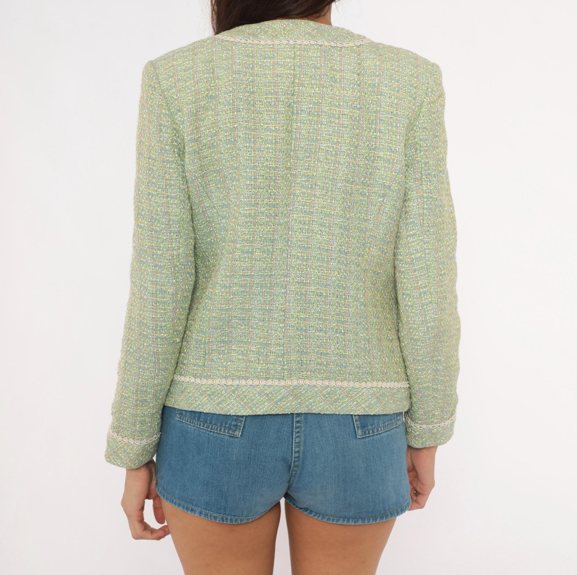 2000s Henry Lee Sage Tweed Blazer Collarless V-Neck Boucle Small S