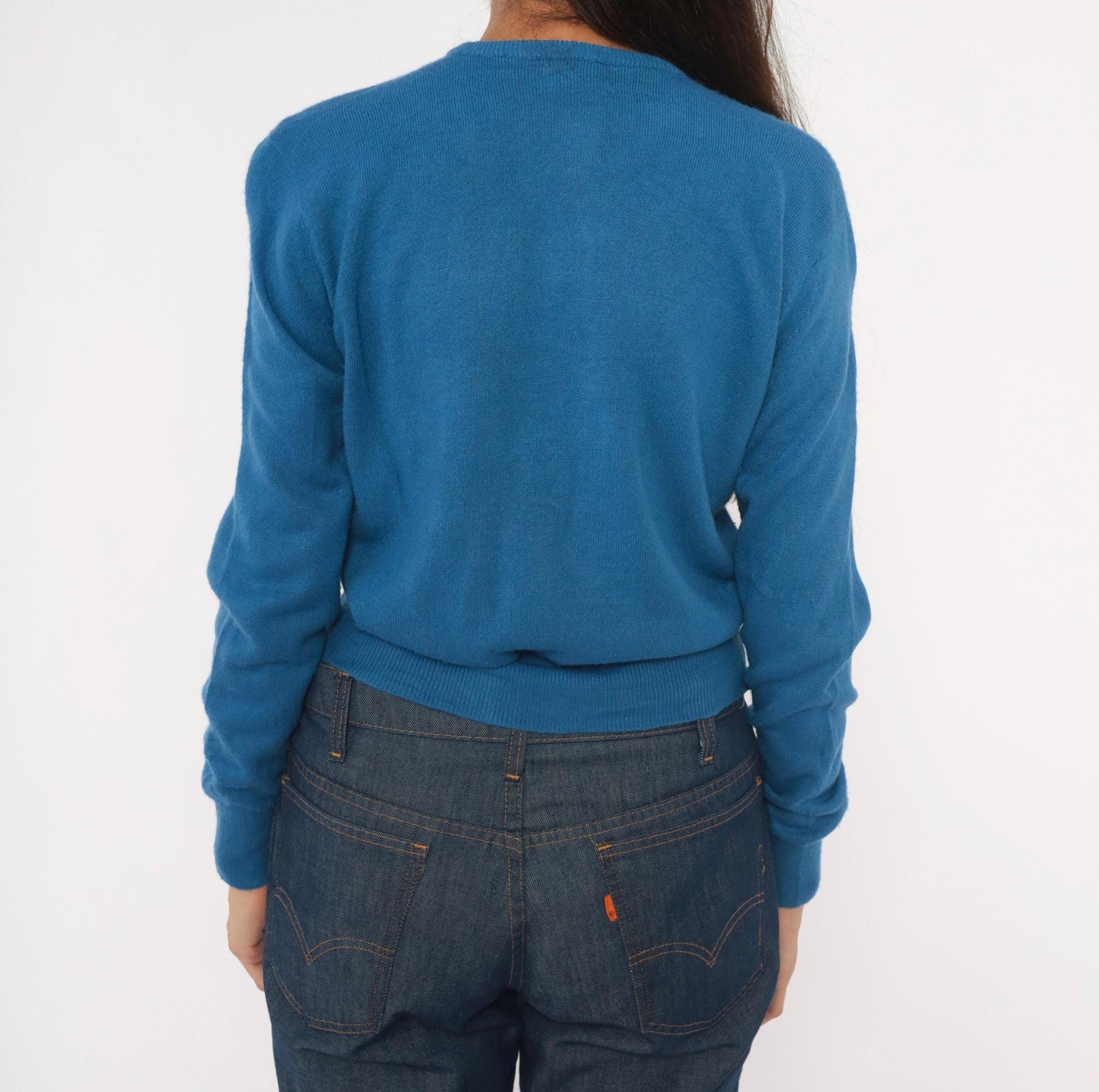 60s Joyce Lane Blue Cardigan Knit Sweater Cropped Ribbed Small S