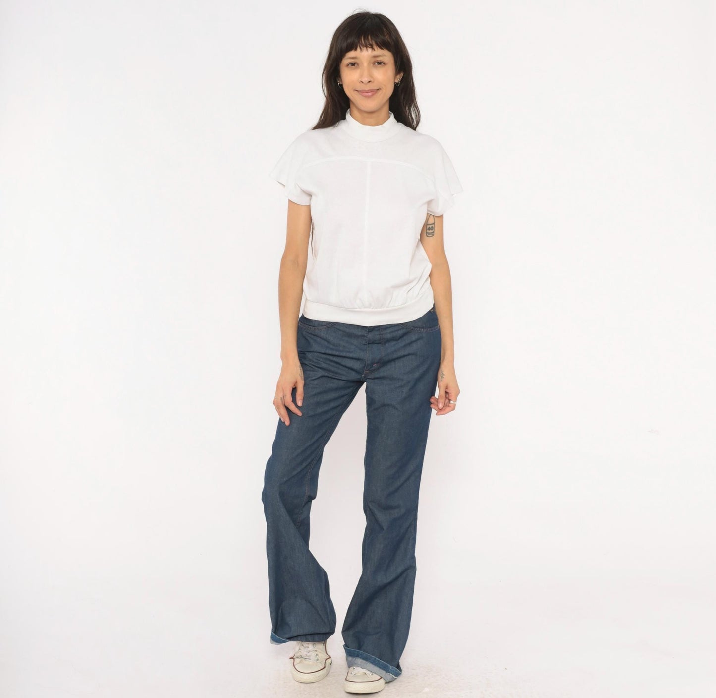 90s White Stag Mock Neck Short Sleeve Top Cream Cotton Pullover Small S