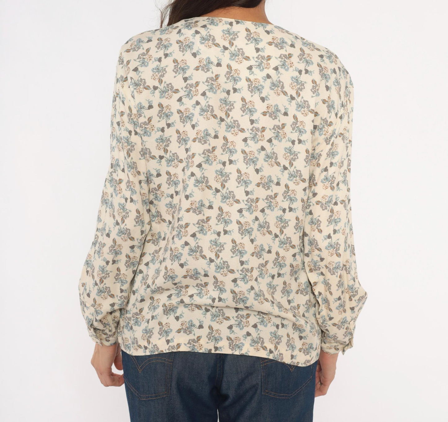 90s Josephine Chaus Floral Button Blouse Cream Puff Sleeve Collarless Medium M
