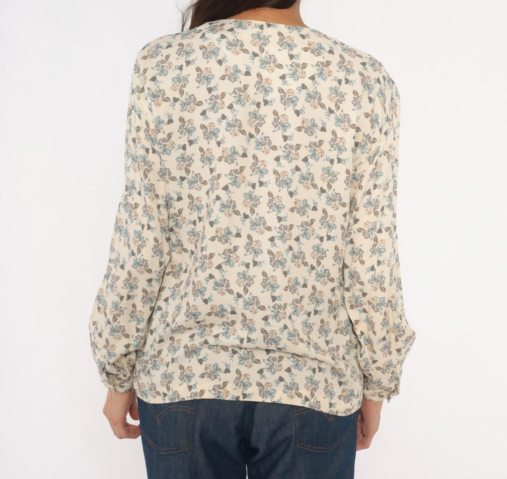 90s Josephine Chaus Floral Button Blouse Cream Puff Sleeve Collarless Medium M