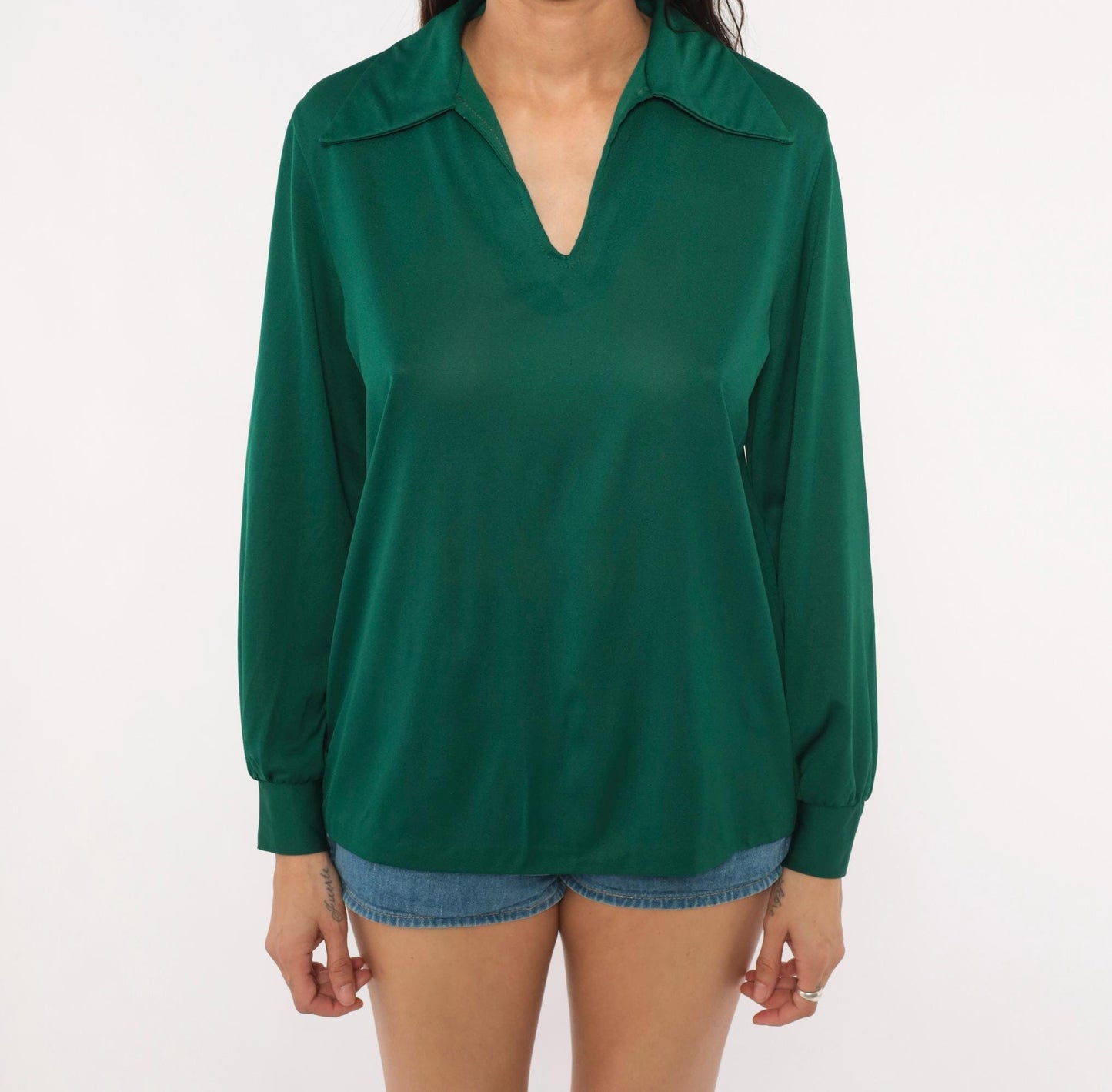 70s Sears Emerald Polo Blouse V-Neck Spread Collar Balloon Sleeve Large
