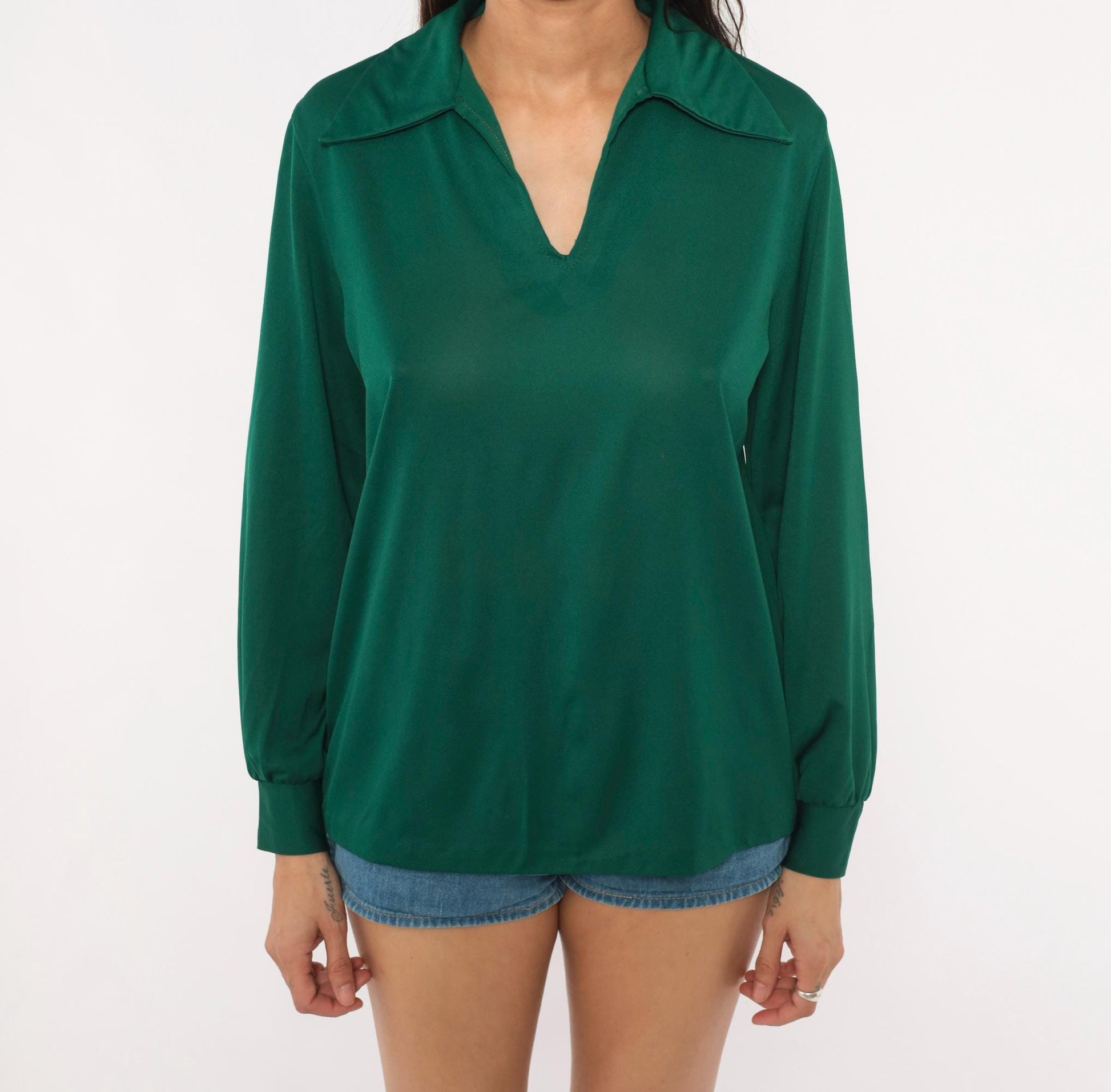 70s Sears Emerald Polo Blouse V-Neck Spread Collar Balloon Sleeve Large