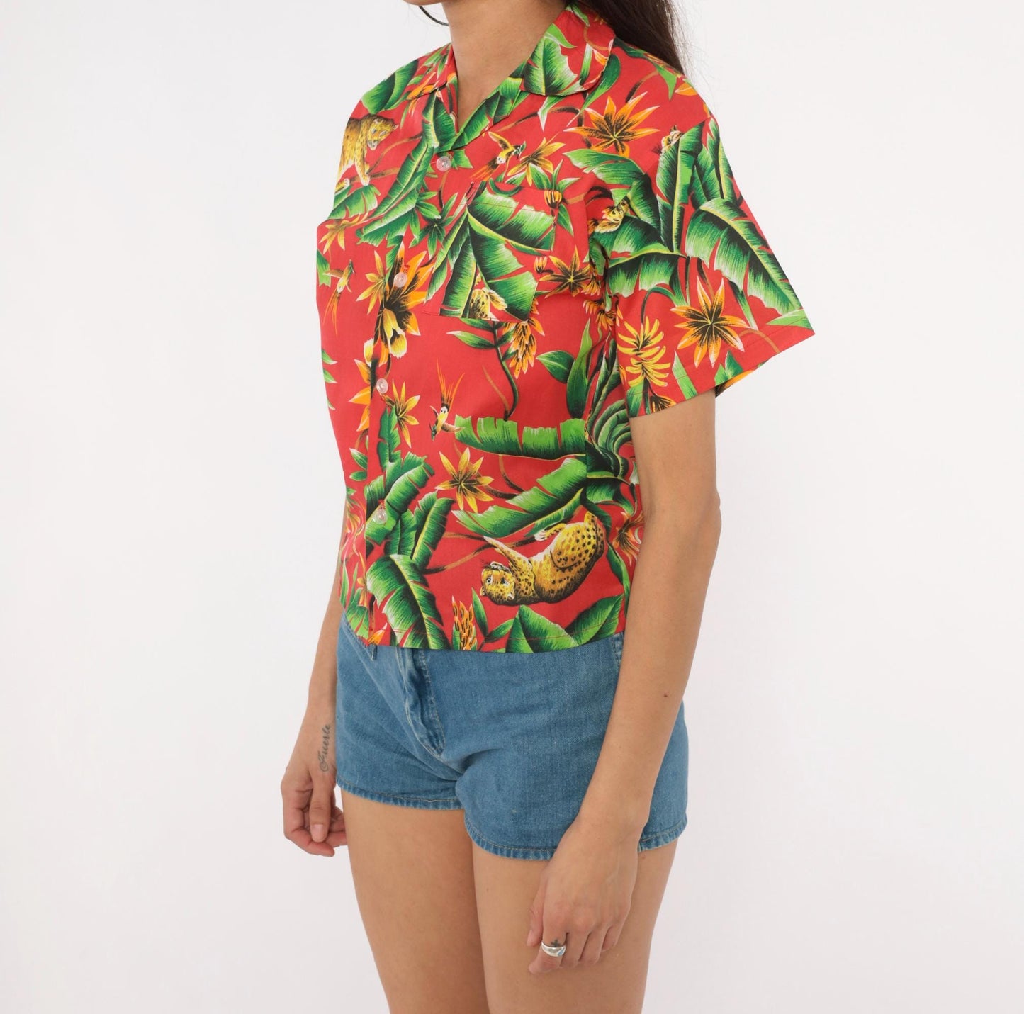 80s Jungle Leopard Hawaiian Shirt Red Tropical Cotton Rayon Camp Collar Extra Small XS