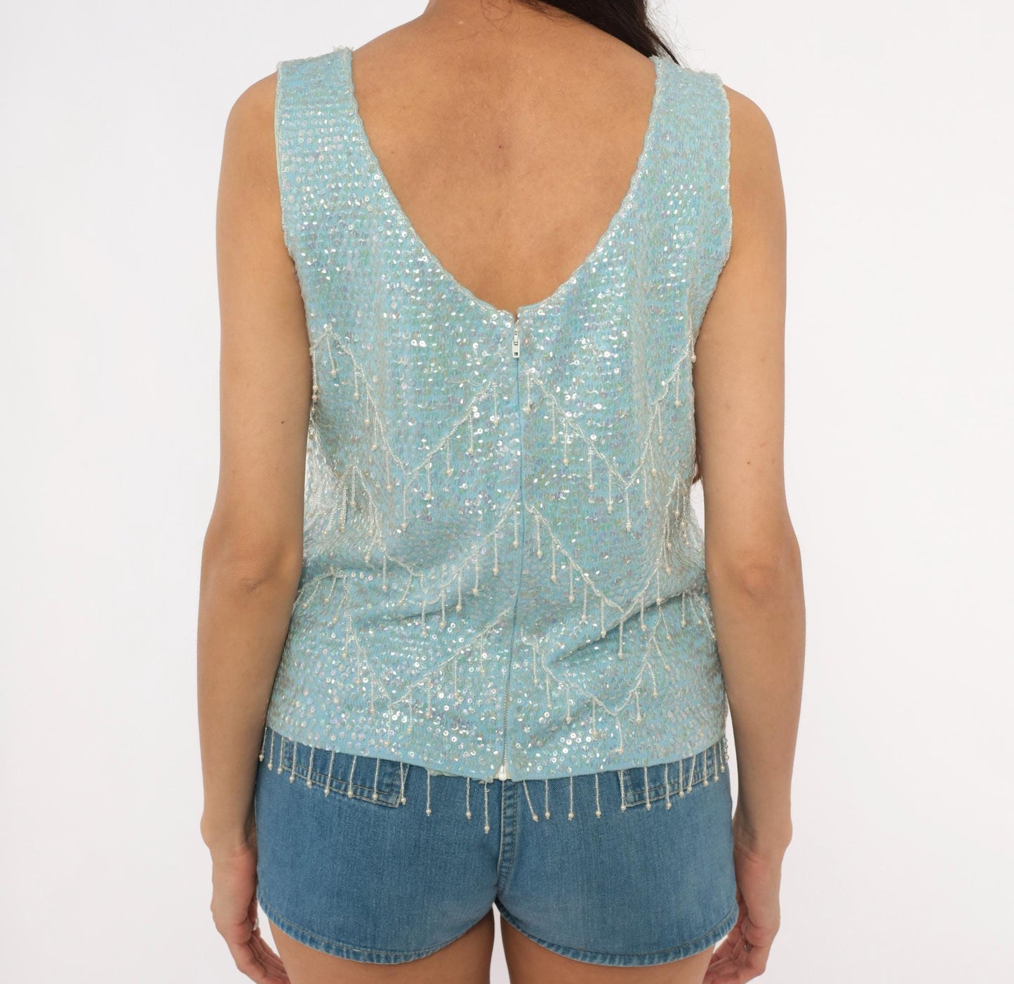 60s Baby Blue Sequin Shell Top Iridescent Beaded Fringe V Neck Tank Large