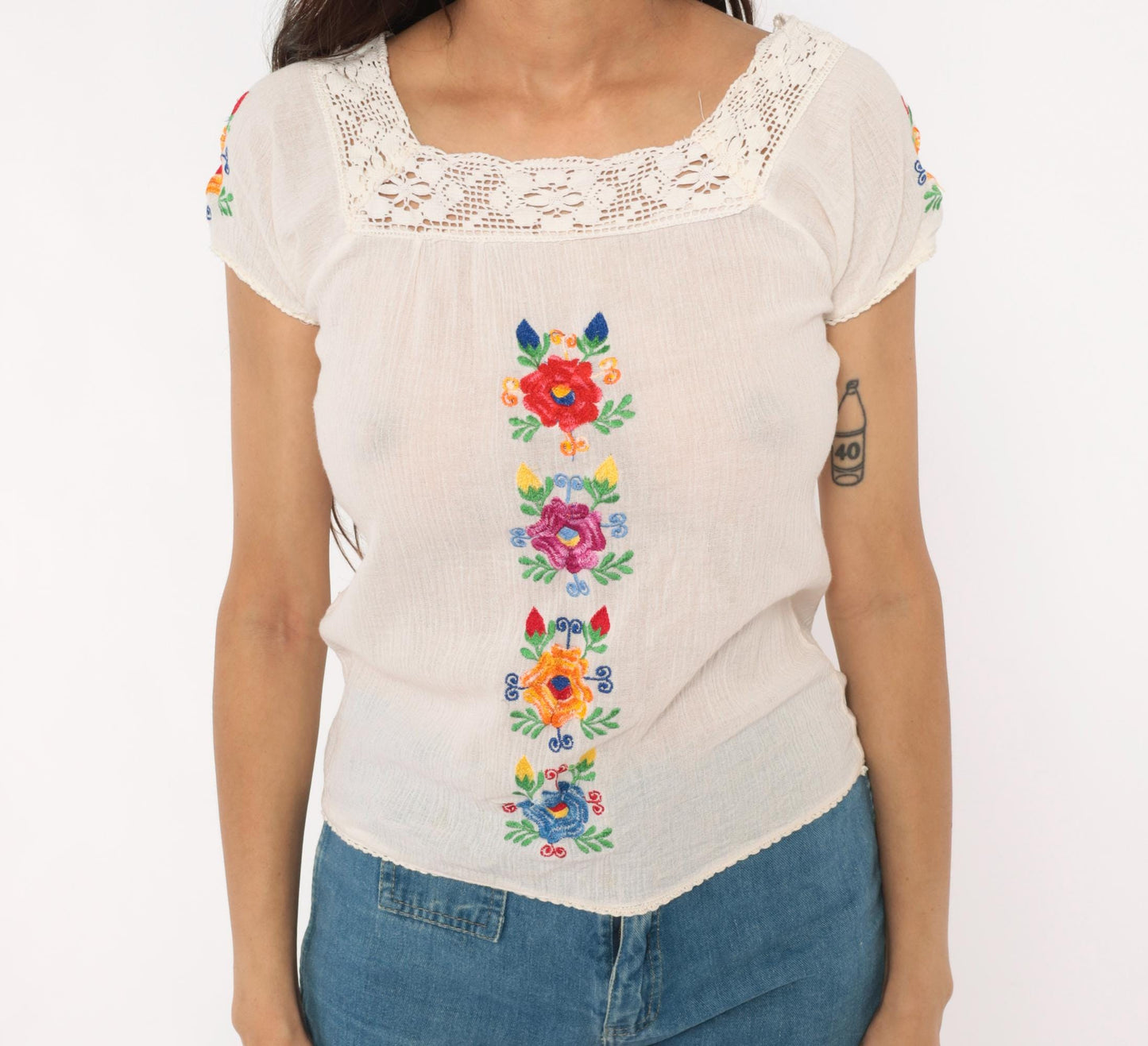 2000s Delias Peasant Blouse Embroidered Floral Crochet Cream Cotton XS