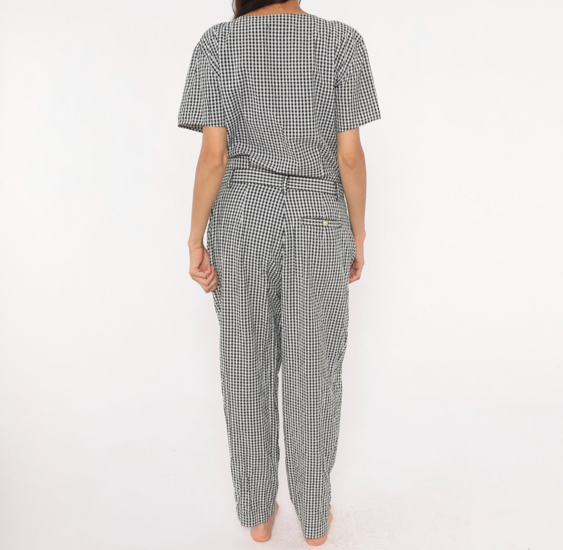 90s Lizwear Black White Gingham Cotton Jumpsuit Tapered Leg Large L