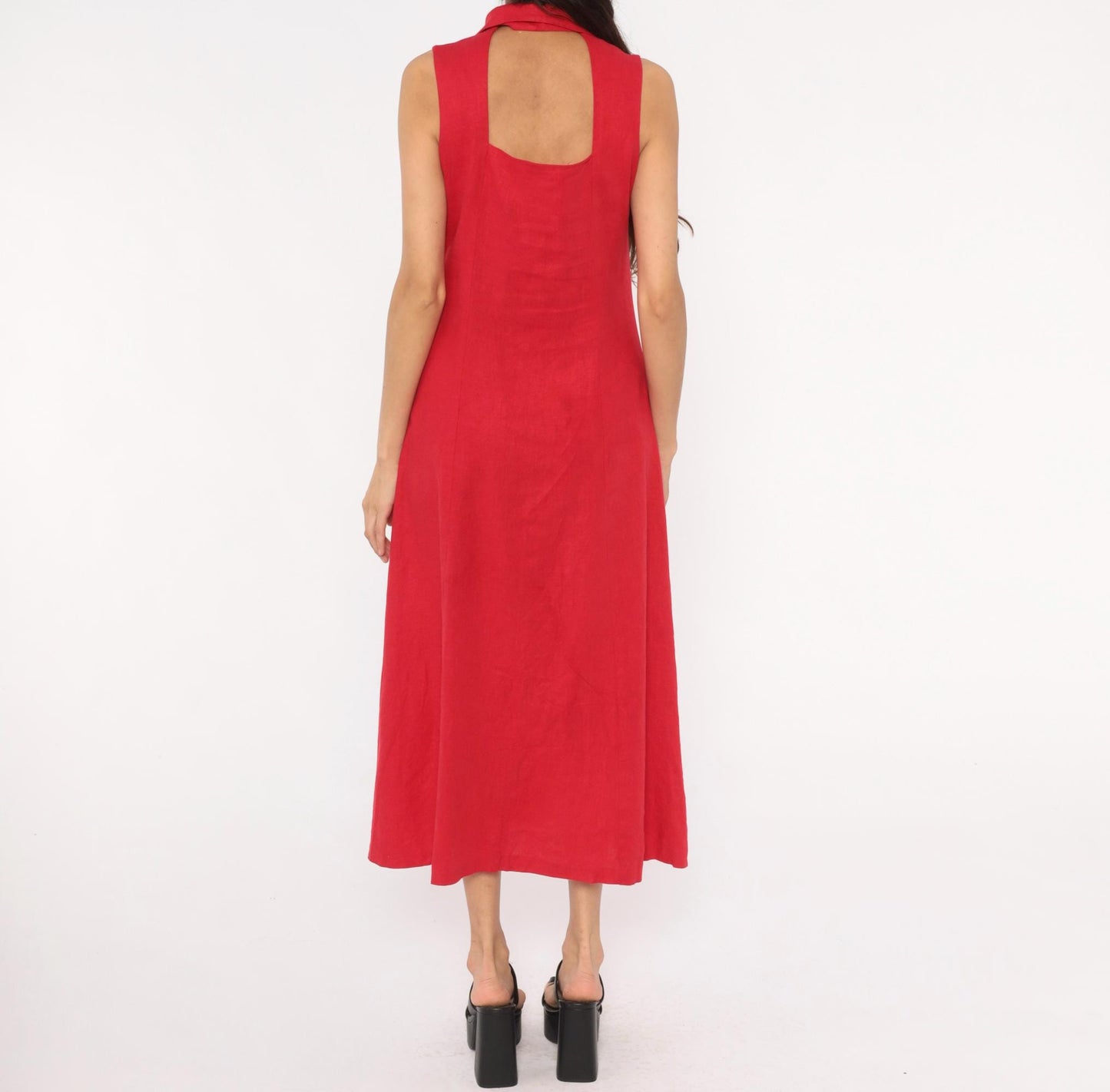 90s Ultra Dress Red Linen Button-Front Maxi Shirtdress Small S