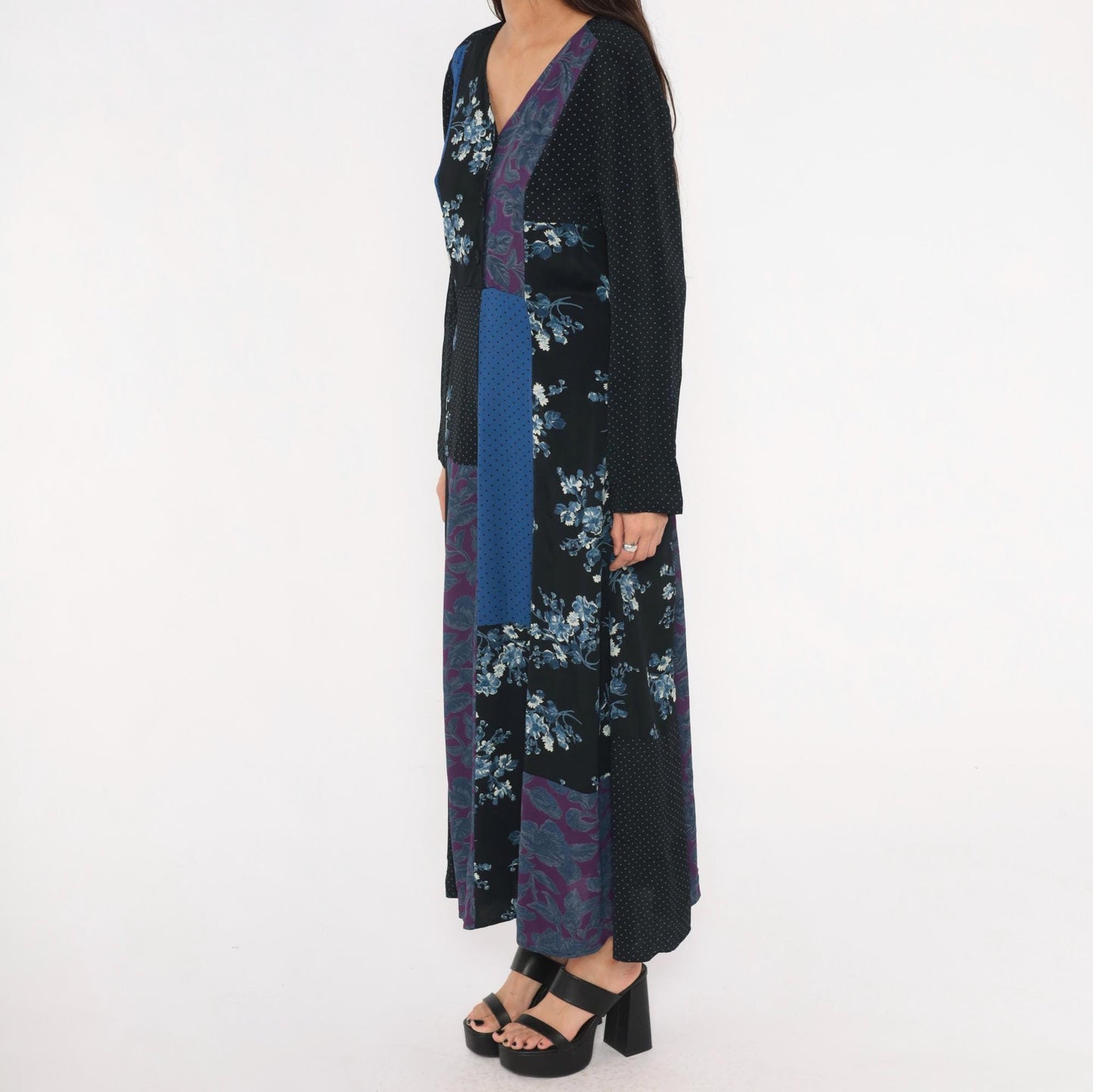 90s Carole Little Patchwork Floral Maxi Dress V Neck Button Front Medium M