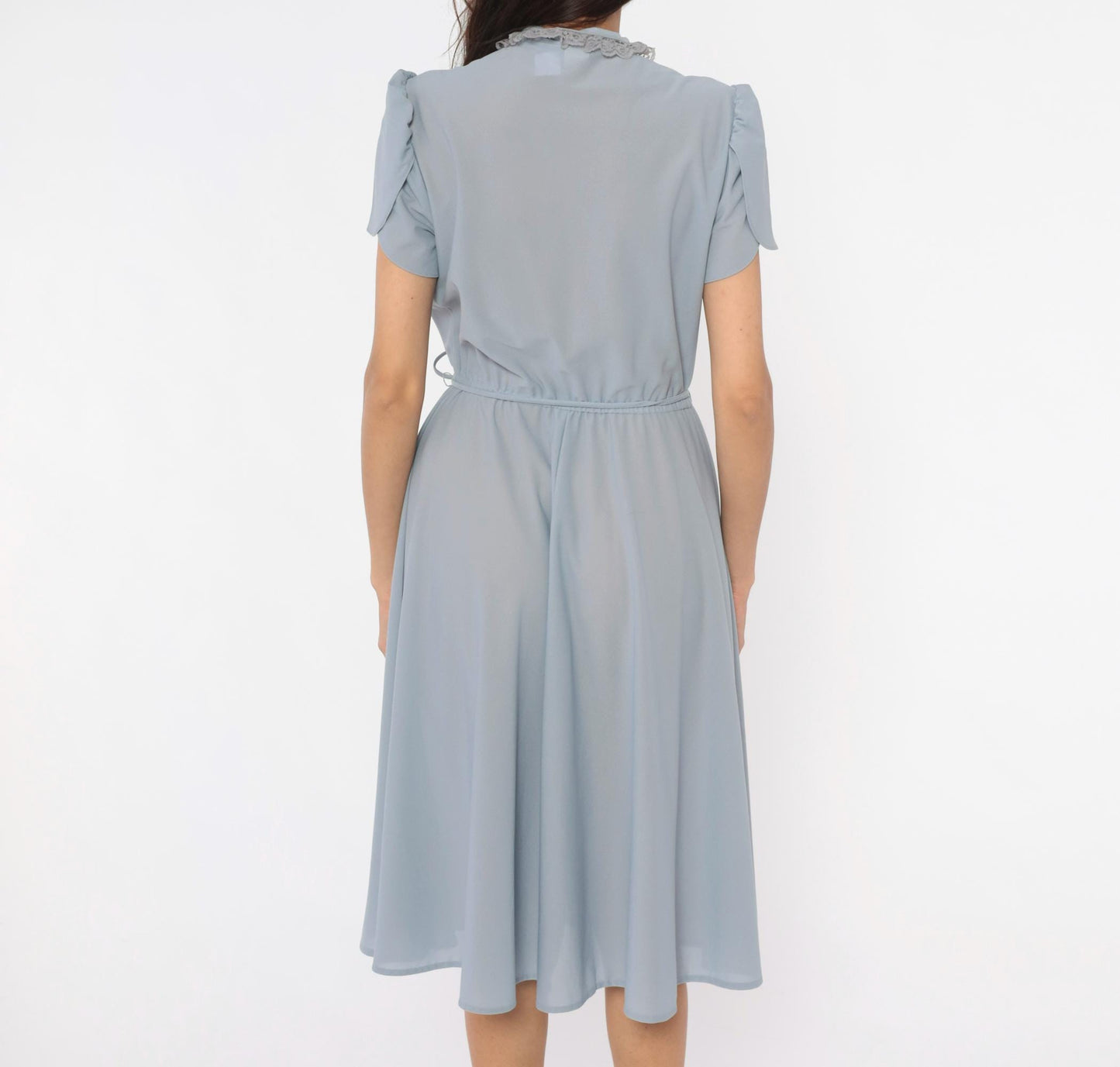 70s Powder Blue Lace Bib Midi Dress Puff Sleeve Keyhole Neckline Medium