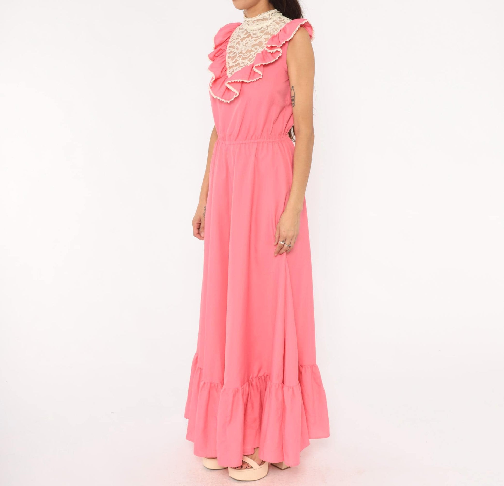 70s Pink Lace Bib Maxi Dress Ruffle Trim High Neck Floral Panel Medium