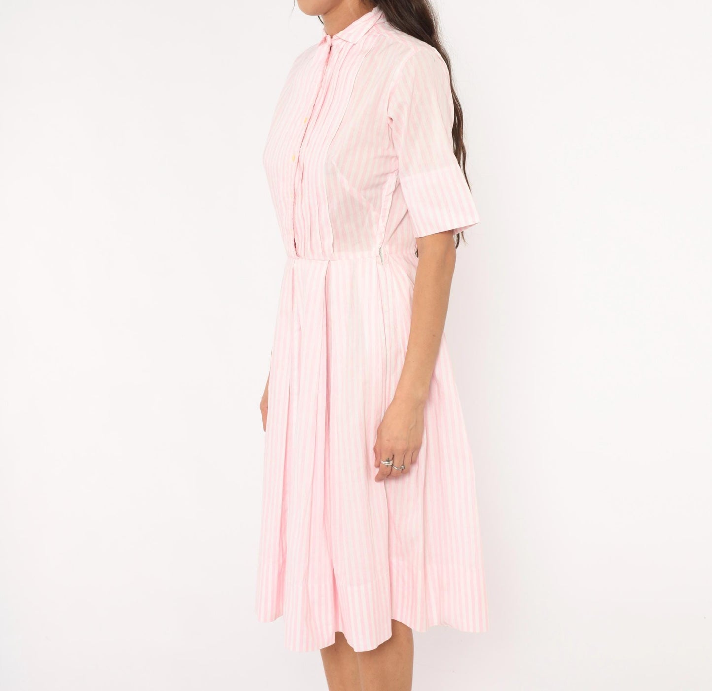 60s Pink White Striped Shirtdress Pleated Knee-Length Cotton Small